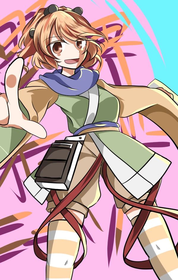 jandare, zuifeng tenkai, len'en, bad id, bad pixiv id, commentary request, image sample, pixiv sample, 1girl, androgynous, baggy pants, black hairband, breasts, brown eyes, brown shorts, cowboy shot, dot nose, genderswap, genderswap (otf), green kimono, hair rollers, hairband, happy, japanese clothes, kimono, long sleeves, looking at viewer, medium breasts, open mouth, orange hair, orange pantyhose, orange sleeves, pants, pantyhose, pink background, pointing, pointing at viewer, purple scarf, red ribbon, ribbon, scarf, short hair, short kimono, shorts, smile, solo, standing, striped clothes, striped pantyhose, two-sided sleeves, two-tone pantyhose, white pantyhose