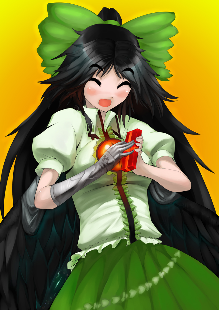 arugeri, reiuji utsuho, touhou, bad id, bad pixiv id, 1girl, black hair, blush, bow, closed eyes, female focus, gift, gloves, hair bow, happy, heart, holding, holding gift, large bow, long hair, open mouth, radiation symbol, radioactive, smile, solo, wings