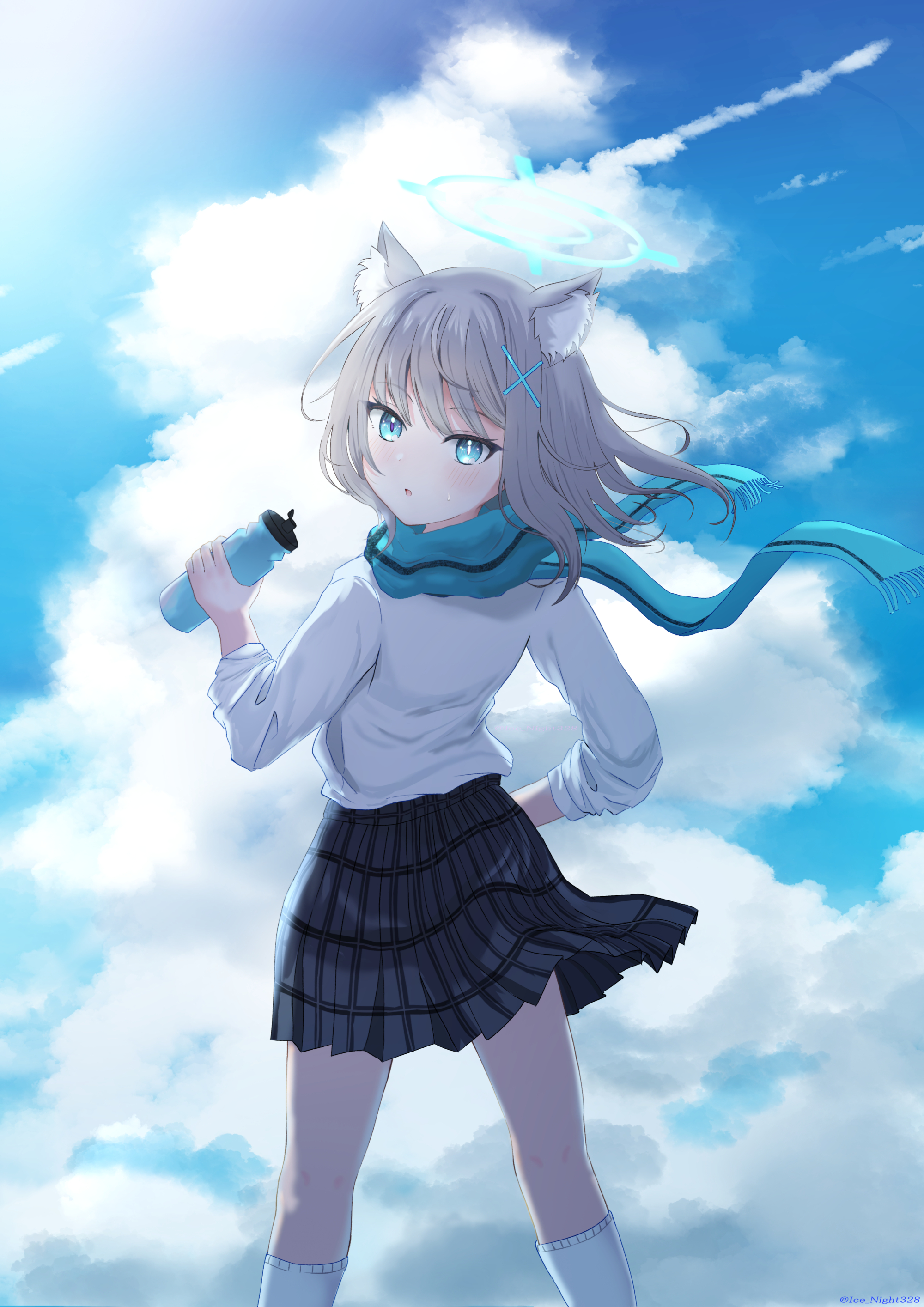 shiroko (blue archive), blue archive, absurdres, commentary request, highres, 1girl, :o, animal ear fluff, animal ears, backlighting, black skirt, blue eyes, blue halo, blue scarf, blue sky, blush, bright pupils, cloud, cumulonimbus cloud, feet out of frame, floating hair, floating scarf, from behind, grey hair, hair between eyes, halo, hand up, ice night328, kneehighs, long sleeves, looking at viewer, looking back, medium hair, miniskirt, mismatched pupils, open mouth, plaid clothes, plaid skirt, pleated skirt, scarf, shirt, skirt, sky, sleeves rolled up, slit pupils, socks, solo, standing, sweatdrop, white pupils, white shirt, white socks, wind, wolf ears, wolf girl