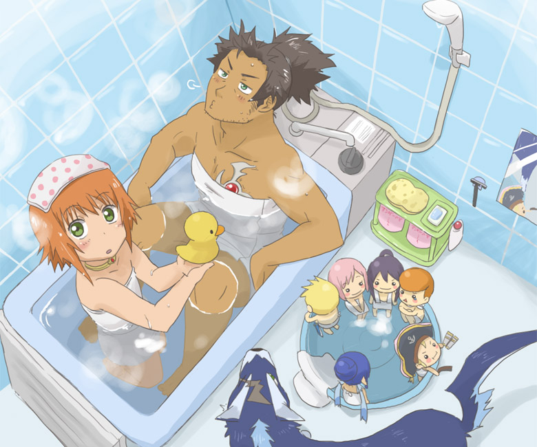 josephine-843, estellise sidos heurassein, flynn scifo, judith (tales), karol capel, patty fleur, raven (tales), repede (tales), rita mordio, yuri lowell, tales of (series), tales of vesperia, 00s, 1boy, 1girl, bath, bathtub, black hair, blonde hair, blue eyes, blue hair, brown hair, character doll, chibi, dog, doll, green eyes, hat, long hair, mixed-sex bathing, naked towel, petite, pink hair, shared bathing, short hair, towel