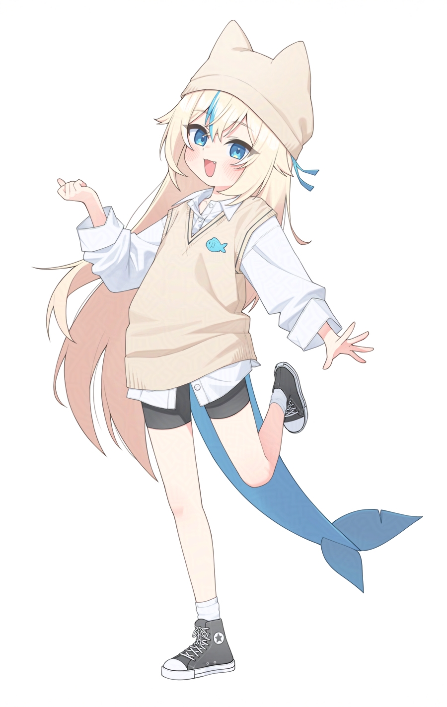 ugaaaa1, sameko saba, indie virtual youtuber, highres, 1girl, alternate costume, blonde hair, blue eyes, blue streaks, blush, cardigan, fins, fish girl, fish tail, long hair, long sleeves, multicolored hair, school uniform, shirt, smile, streaked hair, tail, virtual youtuber
