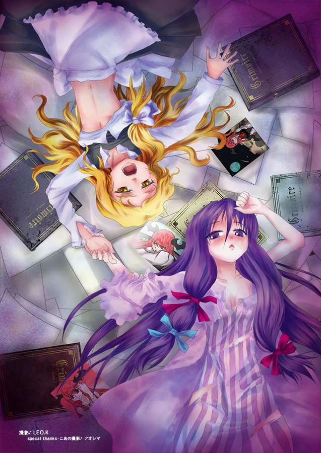leo.k, kirisame marisa, koakuma, patchouli knowledge, embodiment of scarlet devil, touhou, 3girls, blonde hair, blush, book, breasts, cleavage, female focus, medium breasts, multiple girls, navel, purple eyes, purple hair, underboob, yellow eyes