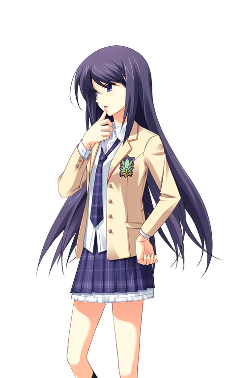 matsuo yukihiro, aoi sena, chaos;head, science adventure, game cg, non-web source, official art, 1girl, bare legs, blazer, brown jacket, dress shirt, from side, hand up, jacket, kneehighs, lapels, long hair, looking ahead, looking to the side, loose necktie, miniskirt, necktie, notched lapels, open clothes, open collar, open jacket, open mouth, plaid clothes, plaid necktie, plaid skirt, pleated skirt, profile, purple eyes, purple hair, purple necktie, purple skirt, purple socks, red trim, school emblem, school uniform, serious, shirt, skirt, socks, solo, sprite, suimei academy school uniform, thumb to mouth, transparent background, very long hair, winter uniform