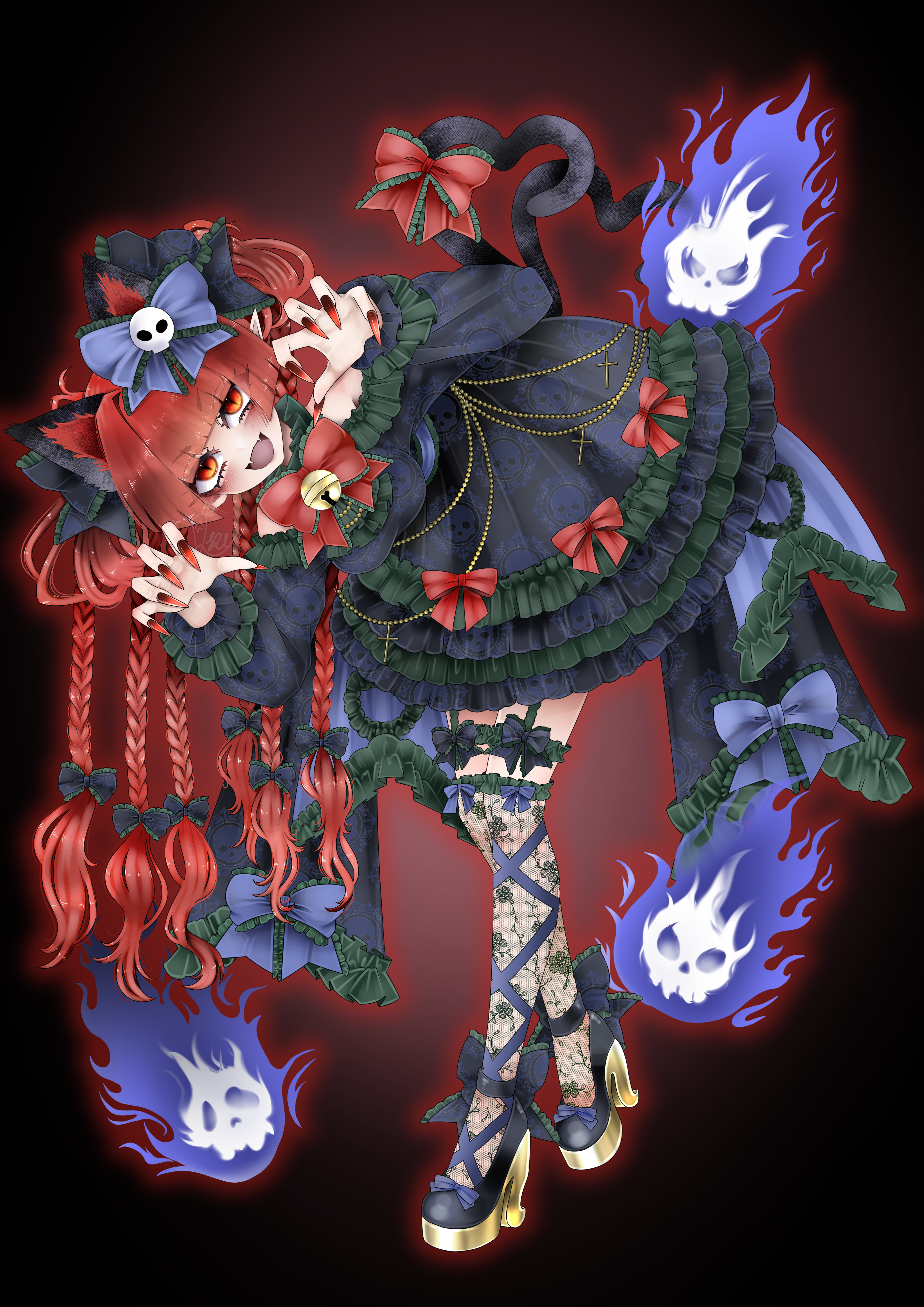 kaenbyou rin, touhou, absurdres, commentary request, highres, 1girl, :d, alternate costume, bent over, black background, black dress, black shoes, bow, bowtie, braid, cat tail, dkr oncn, dress, fangs, fingernails, full body, hair bow, heart, heart tail, high heels, hitodama, leg ribbon, long fingernails, looking at viewer, multiple tails, open mouth, red bow, red bowtie, red eyes, red hair, red nails, ribbon, shoes, skull, smile, solo, tail, two tails