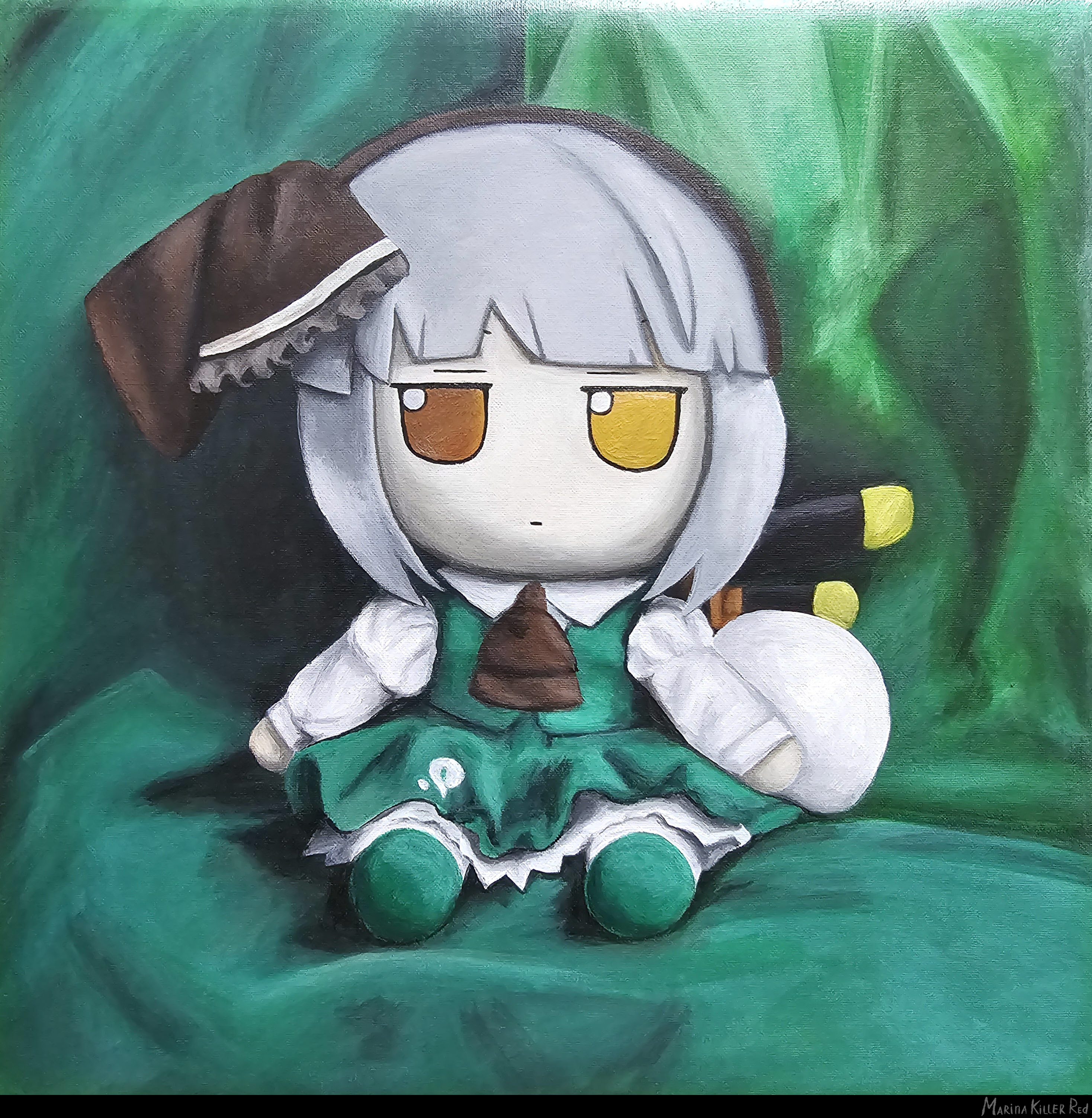marina killer red, konpaku youmu, touhou, absurdres, commentary, english commentary, highres, painting (medium), traditional media, 1girl, ascot, black ascot, black hairband, brown eyes, closed mouth, full body, fumo (doll), green skirt, grey hair, hairband, long sleeves, looking at viewer, short hair, signature, skirt, solo, sword, weapon