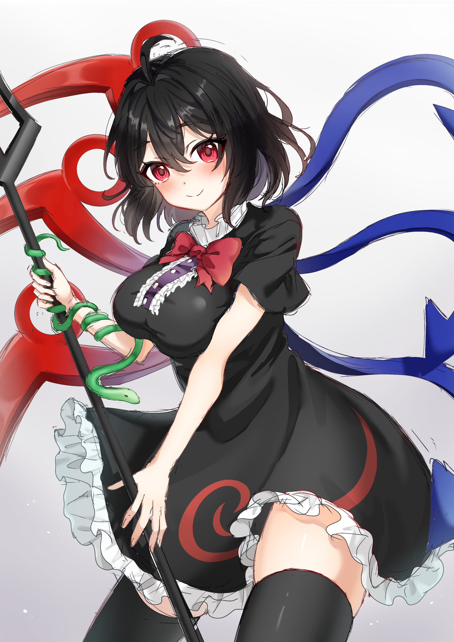 houjuu nue, touhou, commentary request, highres, 1girl, ahoge, asymmetrical wings, black dress, black hair, black thighhighs, blue wings, blush, bow, bowtie, breasts, center frills, closed mouth, dnrnak, dress, frills, grey background, large breasts, looking at viewer, red bow, red bowtie, red eyes, red wings, short hair, short sleeves, smile, snake armband, solo, thighhighs, wings