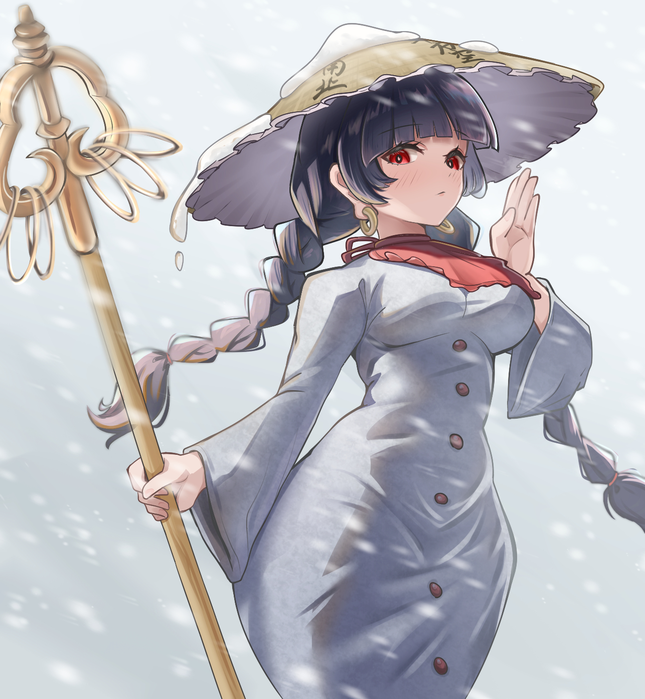 rh thunderriver, yatadera narumi, touhou, commentary request, highres, 1girl, ajirogasa, bandana, blunt bangs, blush, braid, breasts, closed mouth, clothes writing, coat, earrings, grey background, grey coat, hat, holding, holding scepter, jewelry, long earlobes, long hair, long sleeves, looking at viewer, outdoors, red bandana, red eyes, scepter, side braids, snow on headwear, snowing, solo, twin braids