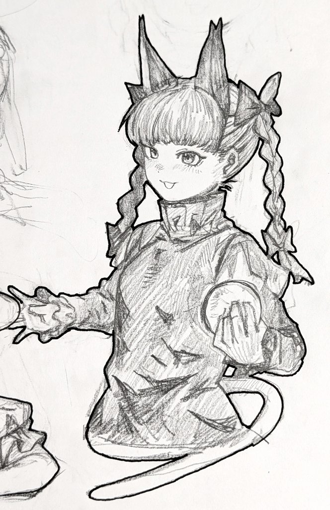 nio (meple nio), kaenbyou rin, touhou, commentary, traditional media, animal ears, blush, bow, braid, cat ears, cat tail, dress, extra ears, greyscale, hair bow, juliet sleeves, long hair, long sleeves, monochrome, open mouth, puffy sleeves, side braids, smile, tail, twin braids