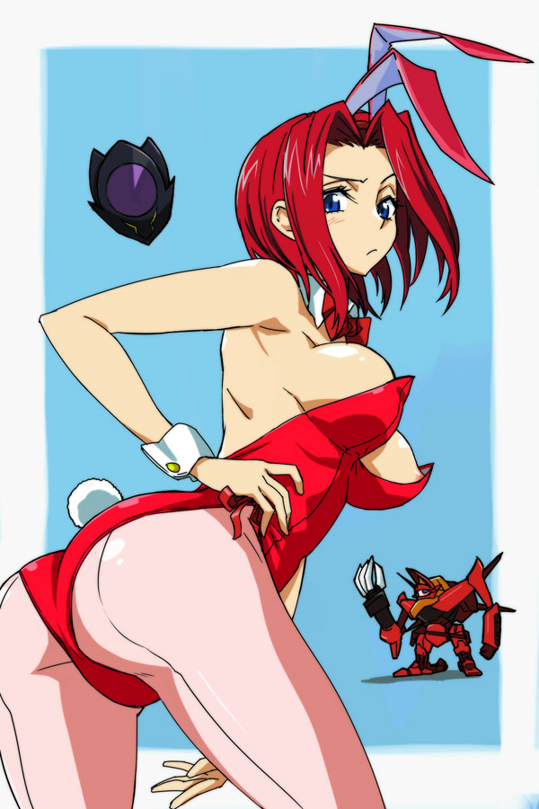 michael f91, guren (code geass), guren mk-ii, kouzuki kallen, zero (code geass), code geass, 1girl, animal ears, ass, blue eyes, breasts, fake animal ears, female focus, hand on own hip, large breasts, looking at viewer, looking back, mecha, nipple slip, nipples, pantyhose, pink pantyhose, playboy bunny, rabbit ears, red hair, robot, short hair, simple background, solo