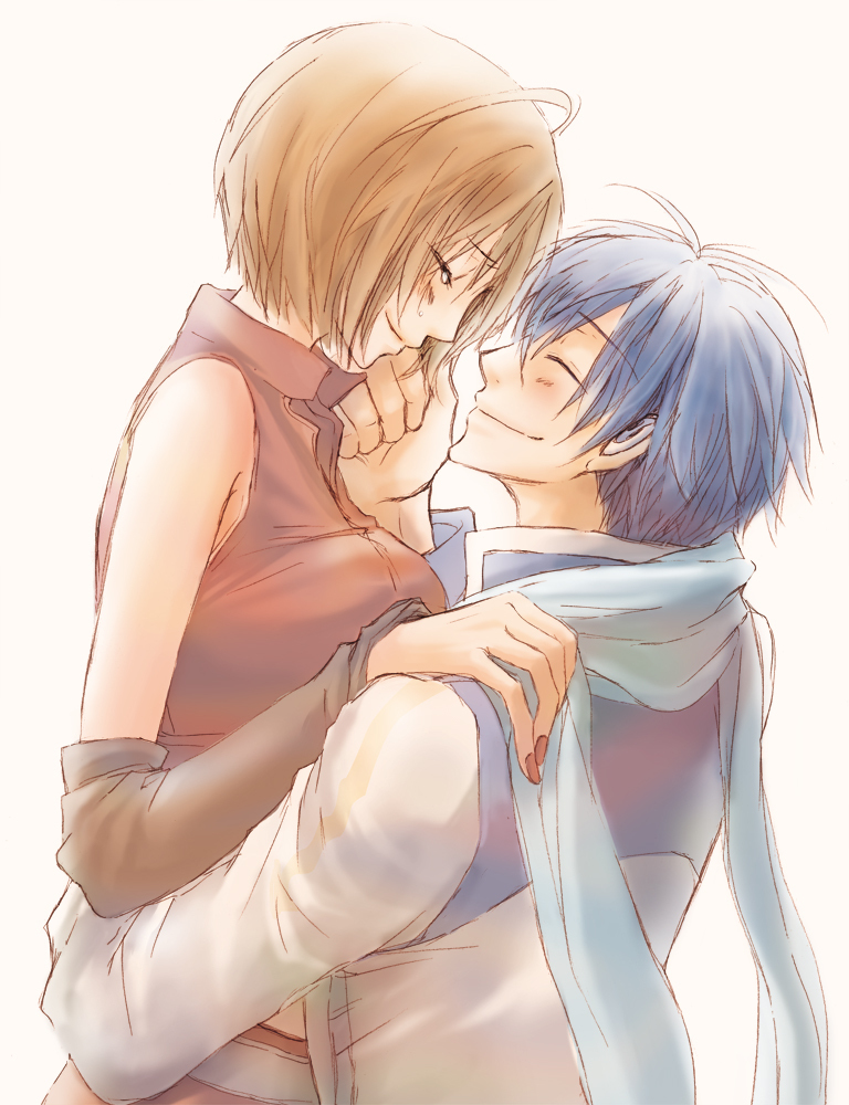 kaito (vocaloid), meiko (vocaloid), vocaloid, light, 1boy, 1girl, blue hair, brown hair, comforting, couple, detached sleeves, hetero, hug, midriff peek, scarf, short hair, tears