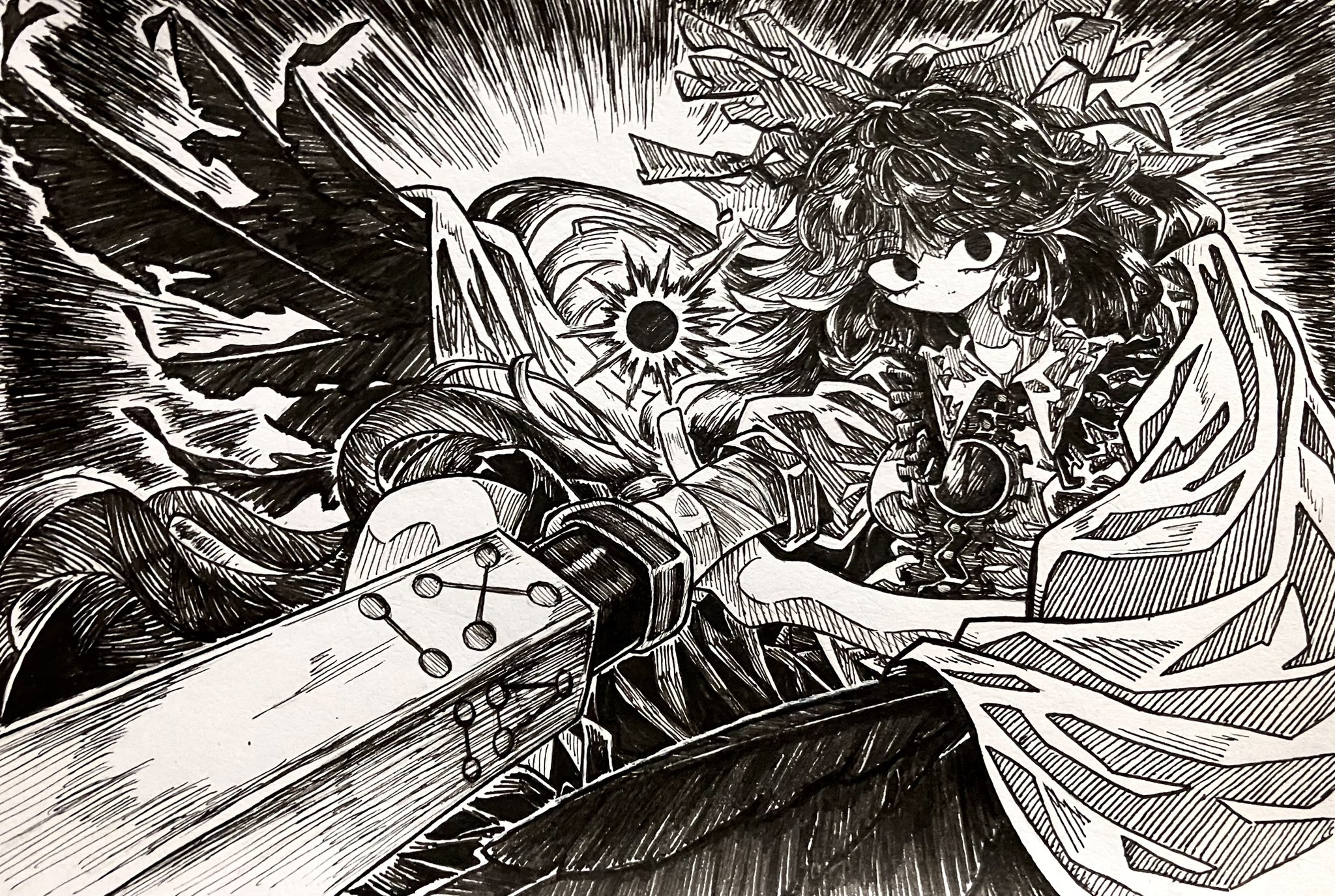 tanishi (agaribito snail), reiuji utsuho, touhou, commentary request, highres, 1girl, arm cannon, black sun, bow, cape, closed mouth, greyscale, hair bow, looking at viewer, monochrome, shirt, short sleeves, skirt, solo, sun, third eye, third eye on chest, weapon, wings