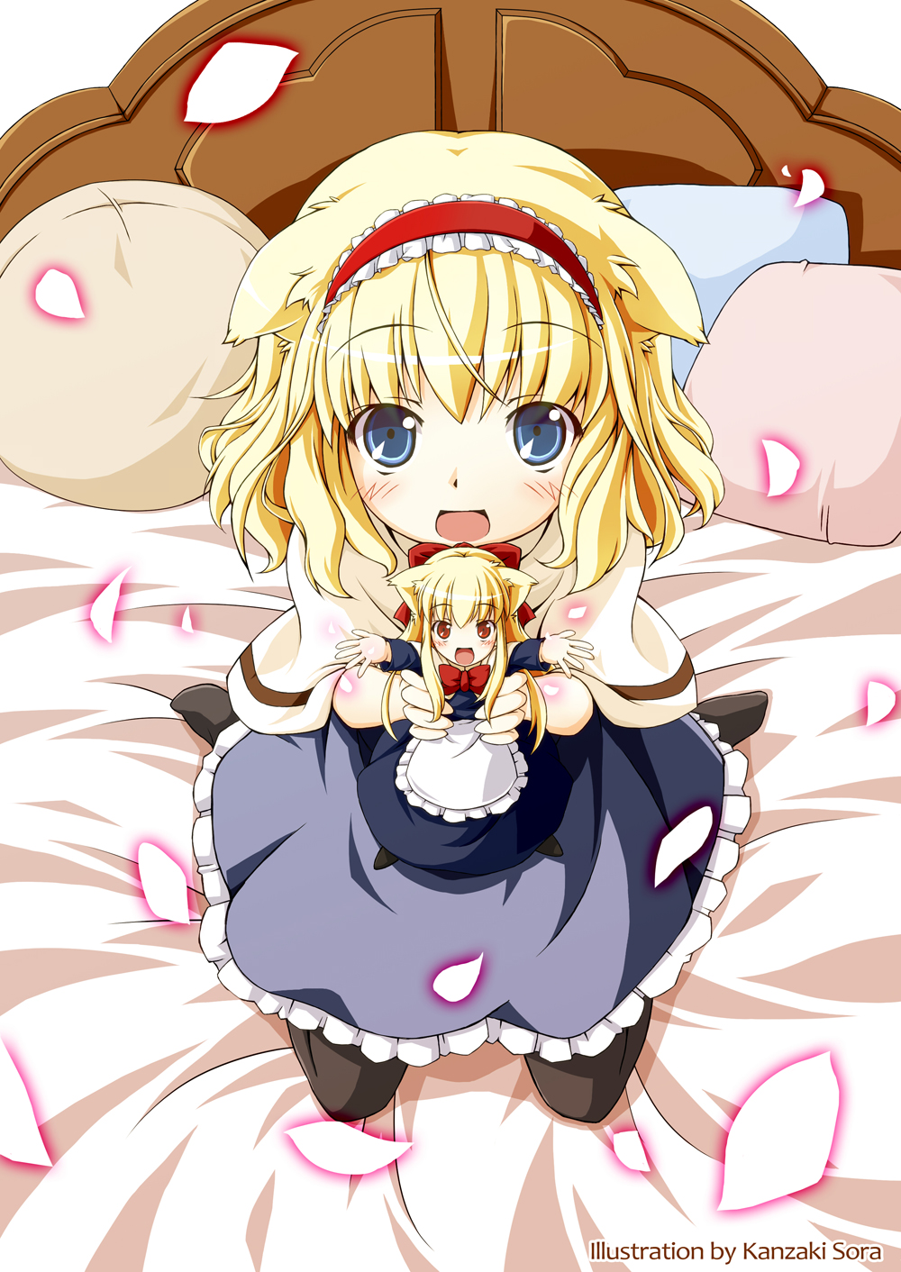altivr, kanzaki sora, alice margatroid, shanghai doll, touhou, highres, 1girl, animal ears, bed, black thighhighs, blonde hair, blue eyes, blush, bow, bowtie, cat ears, cat girl, female focus, hairband, headband, kemonomimi mode, kneeling, matching shanghai, petals, red eyes, rose petals, short hair, solo, thighhighs