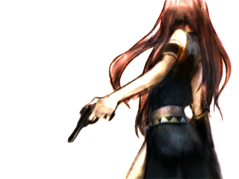 megurine luka, vocaloid, light, 1girl, female focus, gun, long hair, pink hair, skirt, solo, weapon, white background