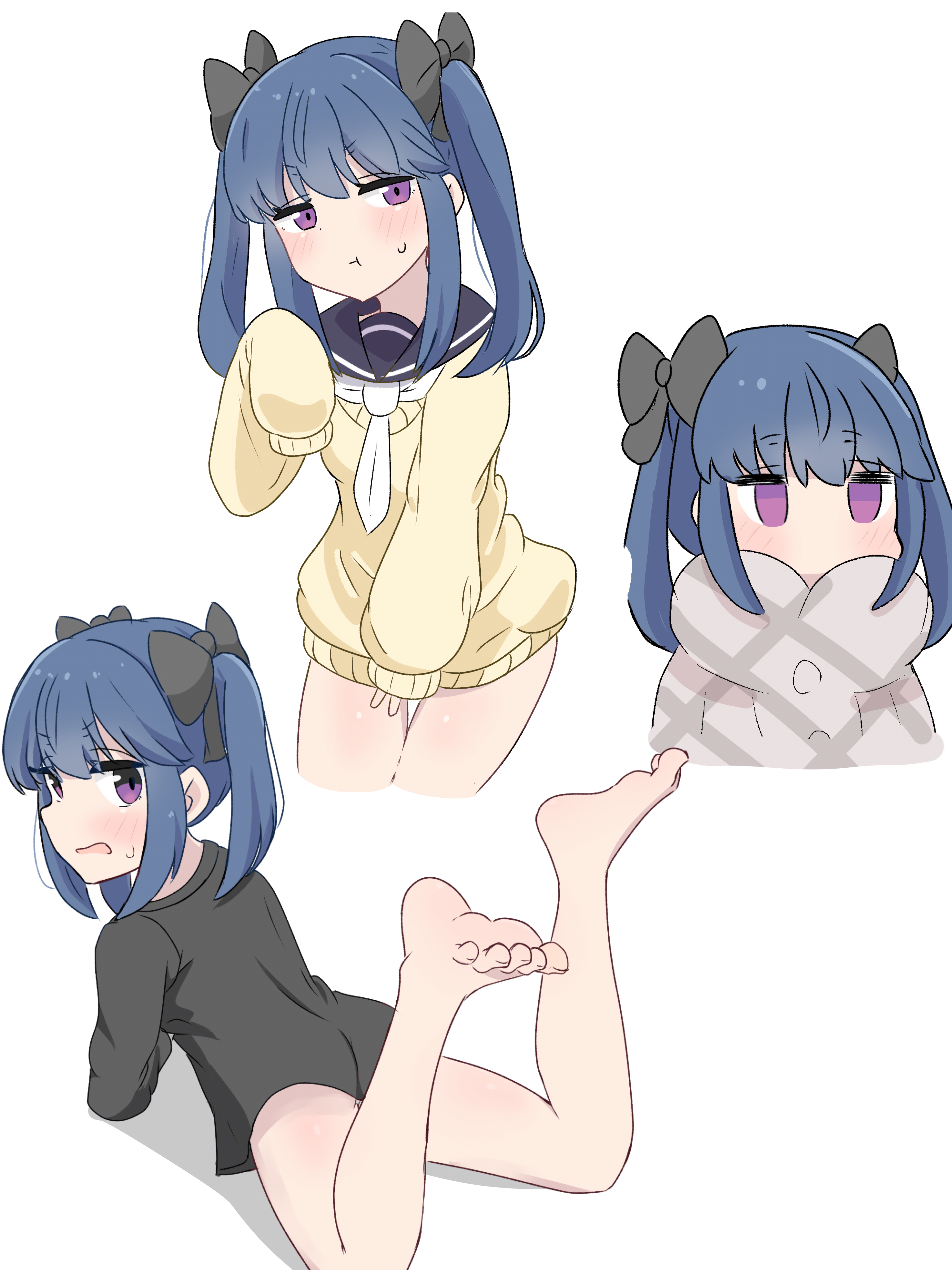 microdon, shima rin, yurucamp, 1girl, :t, alternate hairstyle, annoyed, bare legs, barefoot, between legs, black shirt, blue hair, blue sailor collar, blush, bow, chibi, closed mouth, cowboy shot, dot nose, embarrassed, feet up, female focus, from behind, full body, grey poncho, hair bow, hand between legs, hand up, leaning forward, looking at viewer, looking back, medium hair, multiple views, naked shirt, neckerchief, no mouth, open mouth, petite, poncho, purple eyes, sailor collar, shirt, sideways glance, simple background, sleeves past fingers, sleeves past wrists, solo, standing, sweater, t-shirt, toes, turning head, twintails, upper body, white background, white neckerchief, yellow sweater