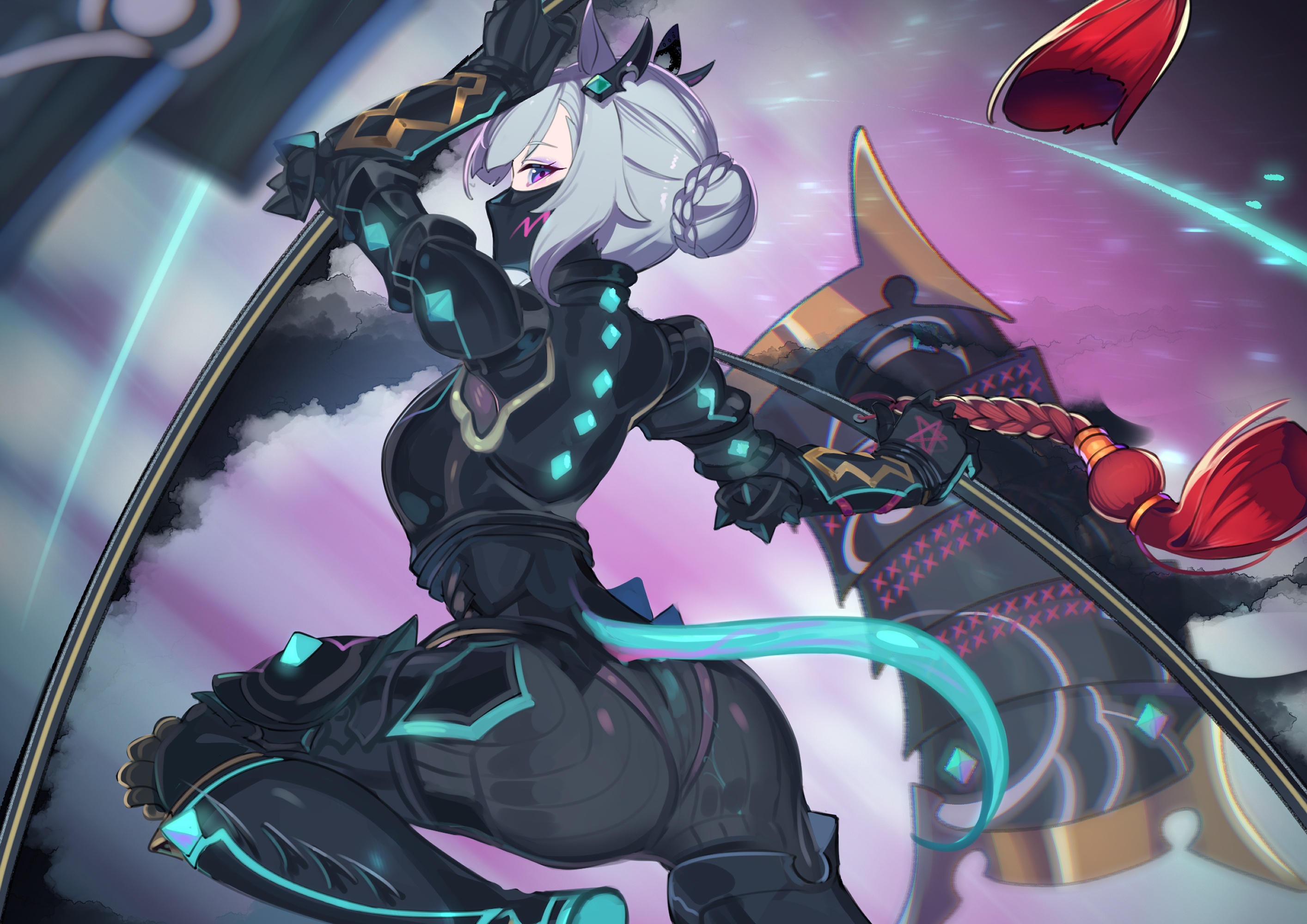 doushi tatsu to dekkai no, mejiro ardan (umamusume), ushi gozen (avenger) (fate), ushi gozen (fate), fate/grand order, fate/samurai remnant, fate (series), umamusume, commentary request, highres, 1girl, animal ears, armor, black armor, black bodysuit, blush, bodysuit, bow, braid, breasts, cosplay, crown braid, detached horns, ear ribbon, floating armor, grey bodysuit, grey hair, horse ears, horse girl, horse tail, impossible bodysuit, impossible clothes, impossible leotard, japanese armor, leotard, long hair, multicolored bodysuit, neon trim, purple eyes, sideless dress, skin tight, tail, two-tone bodysuit, ushi gozen (fate) (cosplay)