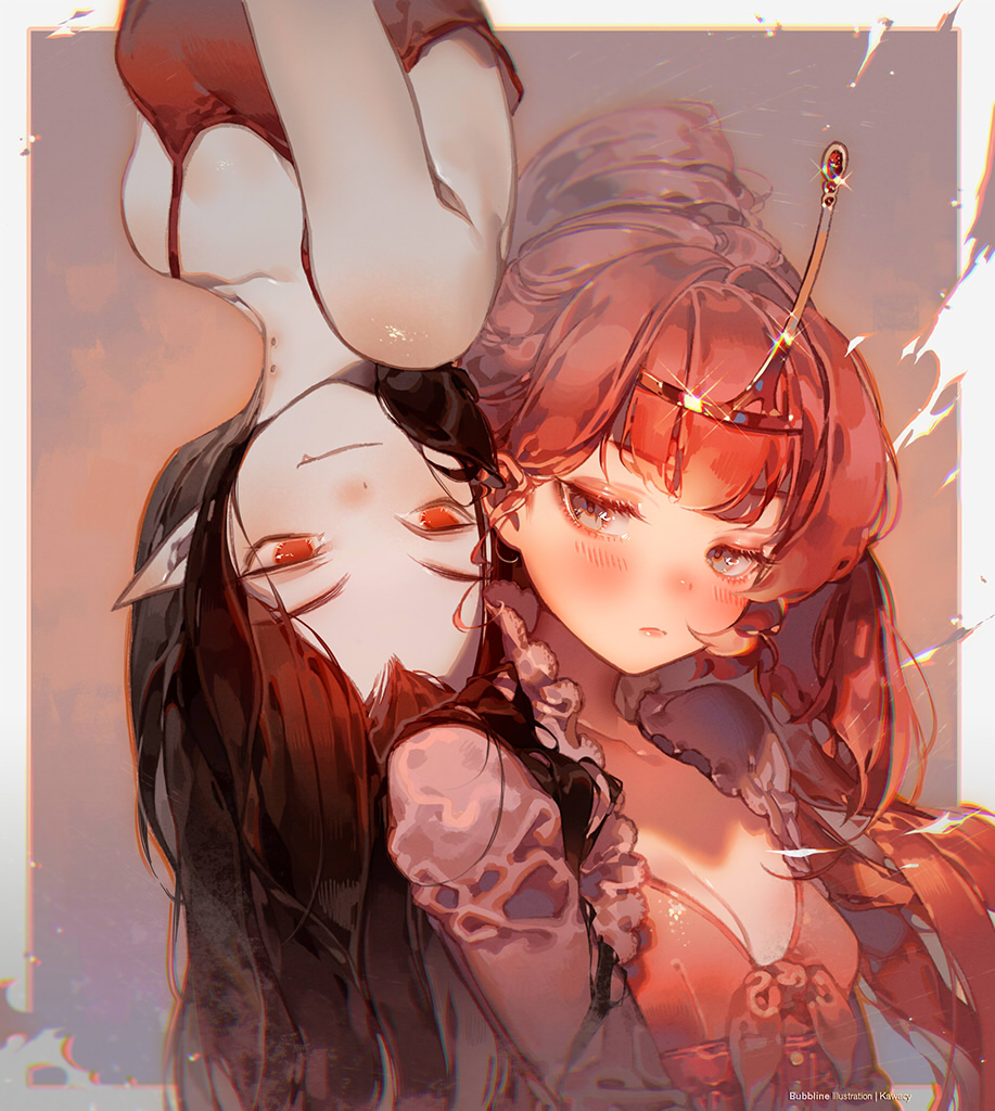 kawacy, marceline abadeer, princess bonnibel bubblegum, adventure time, commentary, derivative work, duplicate, english commentary, pixel-perfect duplicate, 2girls, animification, bite mark, black hair, breasts, cleavage, closed mouth, dress, fang, fang out, looking at another, multiple girls, official alternate hairstyle, pink hair, pointy ears, rotational symmetry, smile, tank top, tiara, upper body, upside-down, vampire, yuri