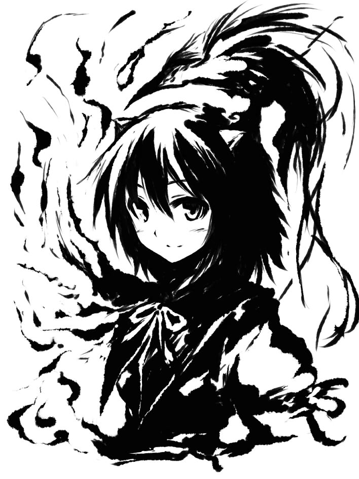 mochizuki ado, tokiko (touhou), curiosities of lotus asia, touhou, 1girl, female focus, greyscale, head wings, horns, monochrome, short hair, solo, wings