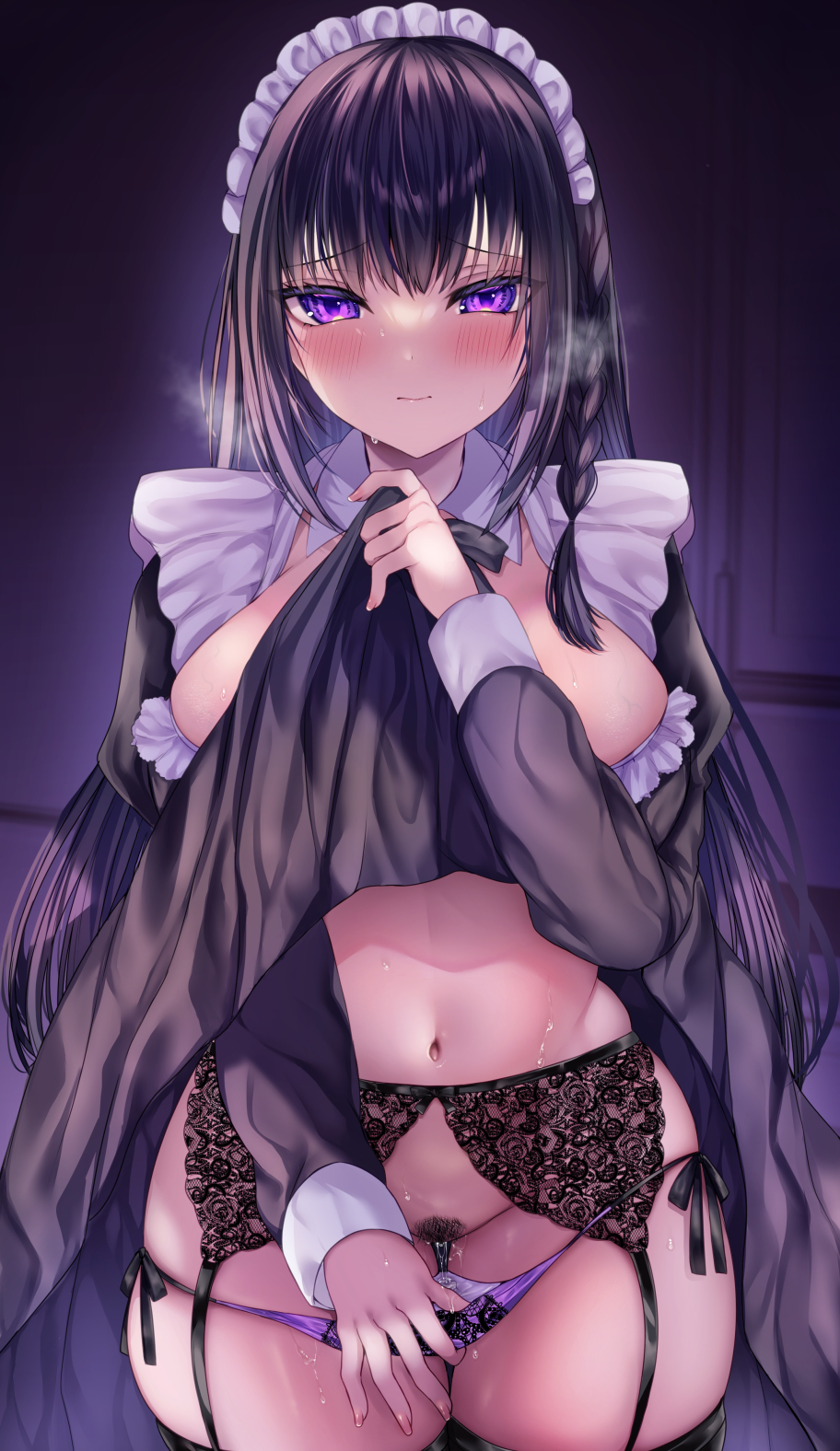 sami (rinsenana), original, commentary request, highres, 1girl, black garter belt, blush, braid, breasts, closed mouth, clothes lift, cowboy shot, dress, dress lift, frilled dress, frills, garter belt, hair between eyes, large breasts, lifting own clothes, long hair, long sleeves, looking at viewer, maid, midriff, navel, panties, panty pull, pubic hair, pulling own clothes, purple eyes, purple hair, purple panties, raised inner eyebrows, side-tie panties, side braid, single braid, solo, sweat, thighs, underwear