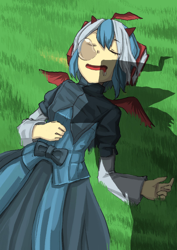 yunuki, yunuki uta, kirisame marisa, tokiko (touhou), curiosities of lotus asia, touhou, bad id, bad pixiv id, 1girl, blue dress, book, dress, drooling, female focus, grass, head wings, horns, ominous shadow, saliva, shadow, sleeping, solo, wings, you gonna get raped