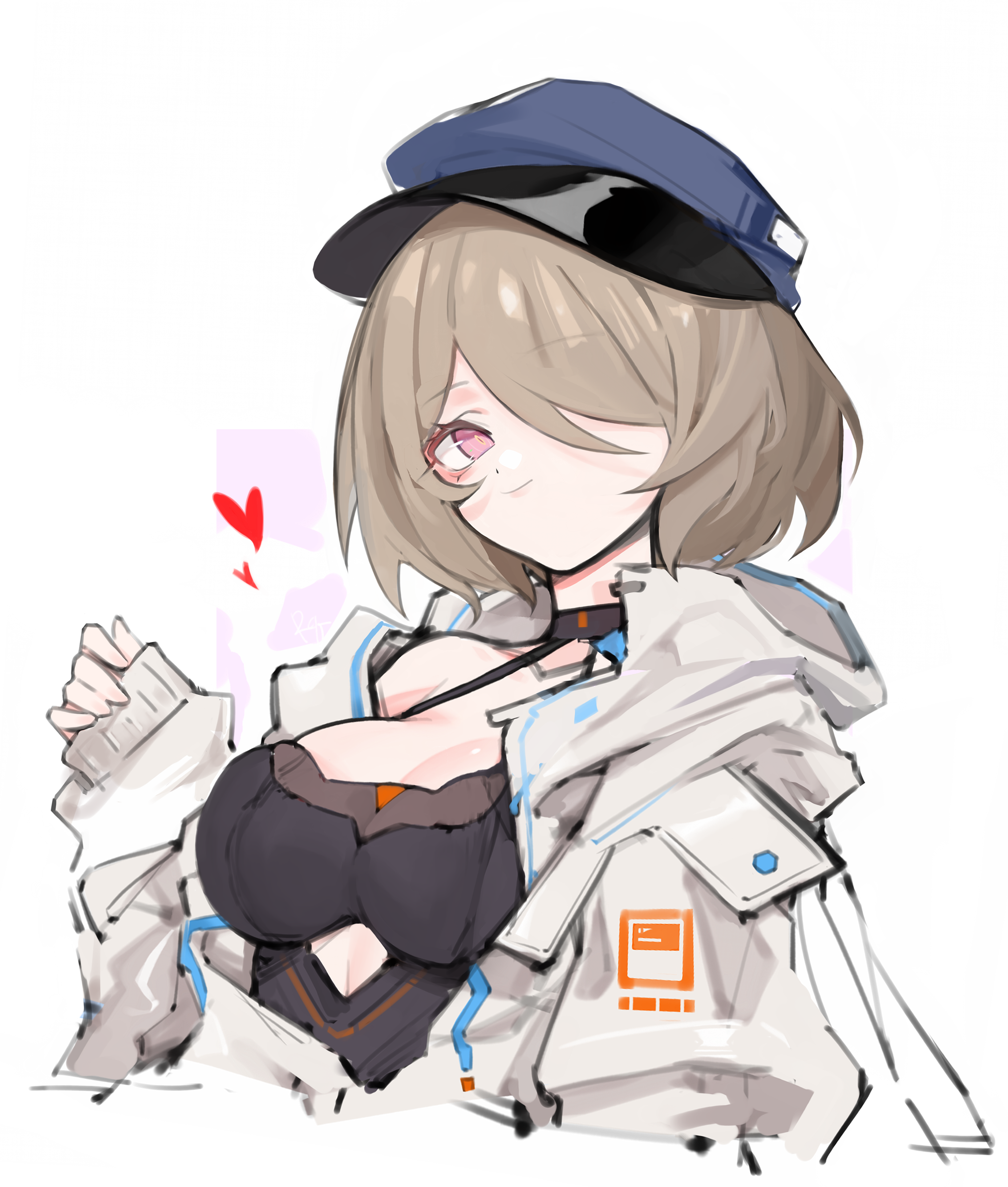error1980, rita rossweisse, honkai (series), honkai impact 3rd, absurdres, commentary, highres, 1girl, alternate costume, blue hat, breasts, brown hair, closed mouth, hair over one eye, hand up, hat, heart, jacket, large breasts, long sleeves, looking at viewer, pink eyes, short hair, solo, upper body, white jacket