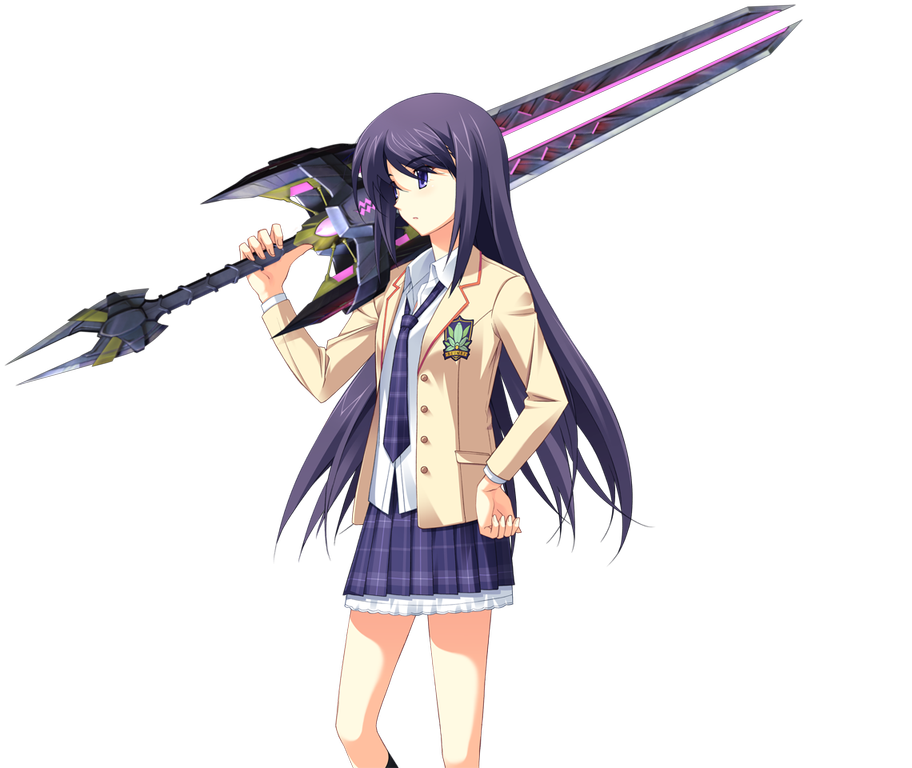 matsuo yukihiro, aoi sena, chaos;head, science adventure, game cg, non-web source, official art, 1girl, bare legs, blazer, brown jacket, d-sword, dress shirt, from side, hand on own hip, holding, holding sword, holding weapon, huge weapon, jacket, kneehighs, lapels, long hair, looking ahead, looking to the side, loose necktie, miniskirt, necktie, notched lapels, open clothes, open collar, open jacket, over shoulder, plaid clothes, plaid necktie, plaid skirt, pleated skirt, profile, purple eyes, purple hair, purple necktie, purple skirt, purple socks, red trim, school emblem, school uniform, shirt, skirt, socks, solo, sprite, suimei academy school uniform, sword, sword over shoulder, transparent background, very long hair, weapon, weapon over shoulder, winter uniform