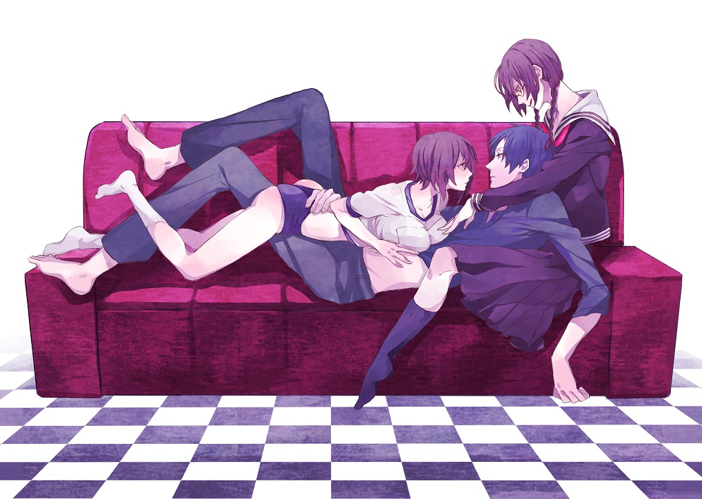 gyuunyuu (kikikokoko), kikikokoko, orihara izaya, orihara kururi, orihara mairu, durarara!!, bad id, bad pixiv id, 1boy, 2girls, barefoot, black hair, blush, braid, breasts, brother and sister, brown hair, buruma, checkered floor, feet, floor, glasses, gym uniform, large breasts, multiple girls, perspective, sandwiched, school uniform, siblings, sisters, socks, tongue, twin braids, twins, twintails, underwear