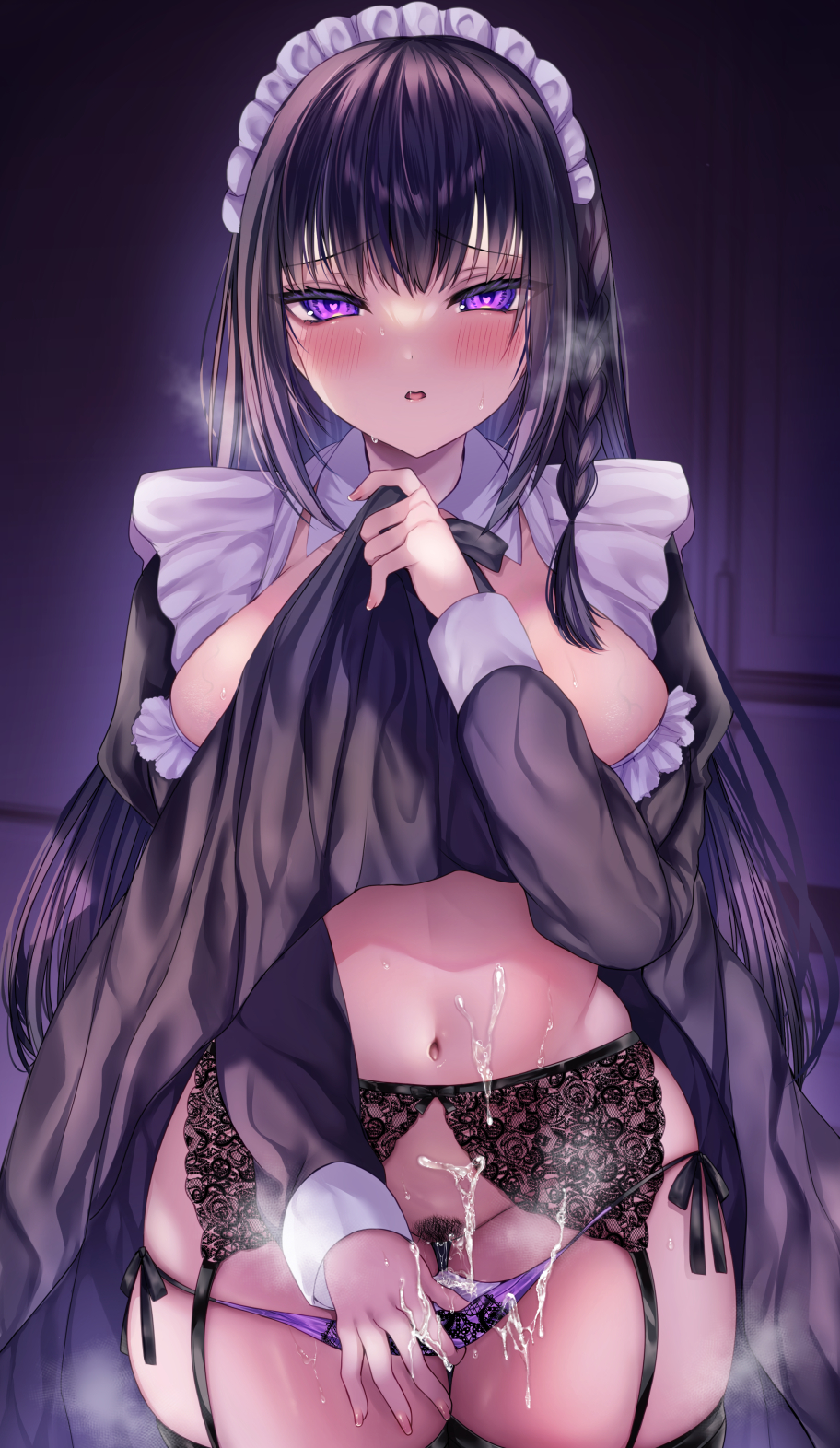 sami (rinsenana), original, commentary request, highres, 1girl, black garter belt, blush, braid, breasts, clothes lift, cowboy shot, cum, dress, dress lift, frilled dress, frills, garter belt, hair between eyes, large breasts, lifting own clothes, long hair, long sleeves, looking at viewer, maid, midriff, navel, panties, panty pull, parted lips, pubic hair, pulling own clothes, purple eyes, purple hair, purple panties, raised inner eyebrows, side-tie panties, side braid, single braid, solo, steam, sweat, thighs, underwear