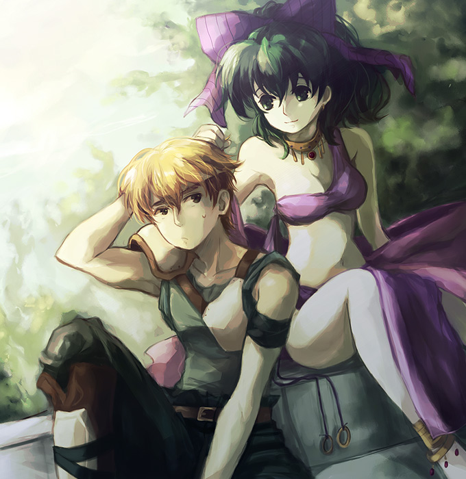 guttary, febail (fire emblem), lene (fire emblem), fire emblem, fire emblem: genealogy of the holy war, nintendo, bad id, bad pixiv id, anklet, bare shoulders, barefoot, dancer, green eyes, green hair, jewelry, lots of jewelry, midriff, sitting