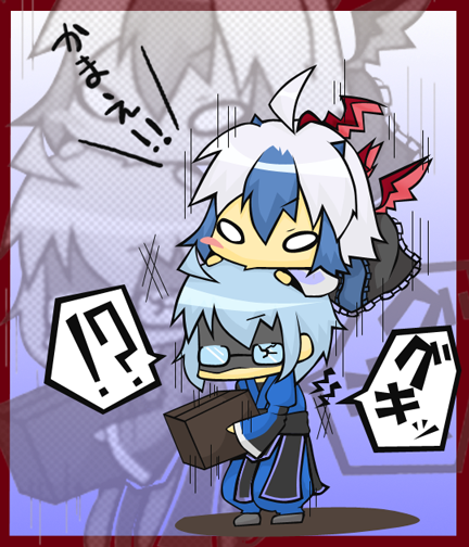 nagamo sakana, morichika rinnosuke, tokiko (touhou), curiosities of lotus asia, touhou, !?, 1boy, 1girl, ahoge, biting, blue hair, blush stickers, box, broken eyewear, chibi, glasses, head biting, head wings, multicolored hair, o o, shaded face, single wing, white hair, wings, zoom layer