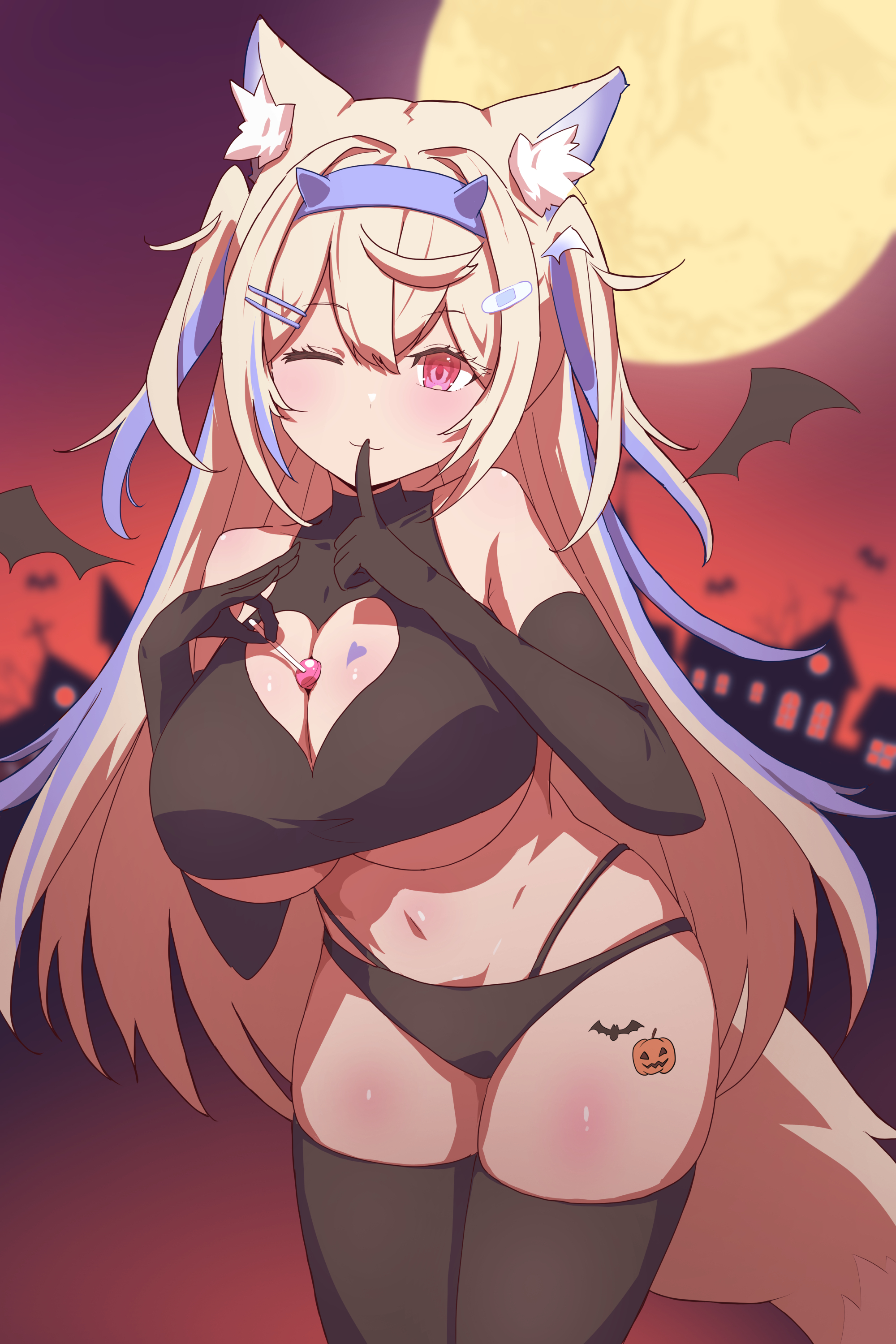 fuwawa abyssgard, hololive, hololive english, absurdres, commentary request, highres, 1girl, alternate breast size (larger), alternate costume, animal ear fluff, animal ears, banteu, bare shoulders, black gloves, blonde hair, blue hair, blue hairband, breasts, clothing cutout, detached wings, dog ears, dog girl, dog tail, elbow gloves, fake horns, gloves, hair between eyes, hair ornament, hairband, halloween, heart cutout, horn hairband, horns, huge breasts, looking at viewer, moon, multicolored hair, night, one eye closed, pink eyes, pumpkin, tail, thick thighs, thighhighs, thighs, twintails, underboob, virtual youtuber, wings