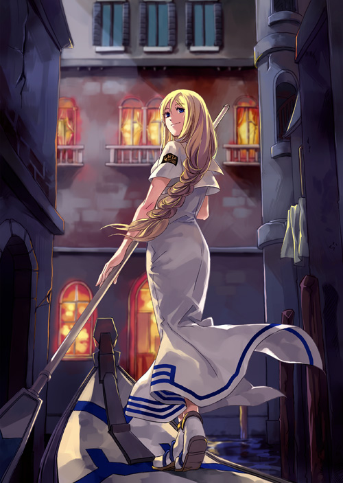yoeah, alicia florence, aria (manga), 00s, 1girl, blonde hair, blouse, braid, braided ponytail, canal, dress, female focus, gondola, long hair, neo-venezia, oar, shirt, single braid, solo, standing, white shirt
