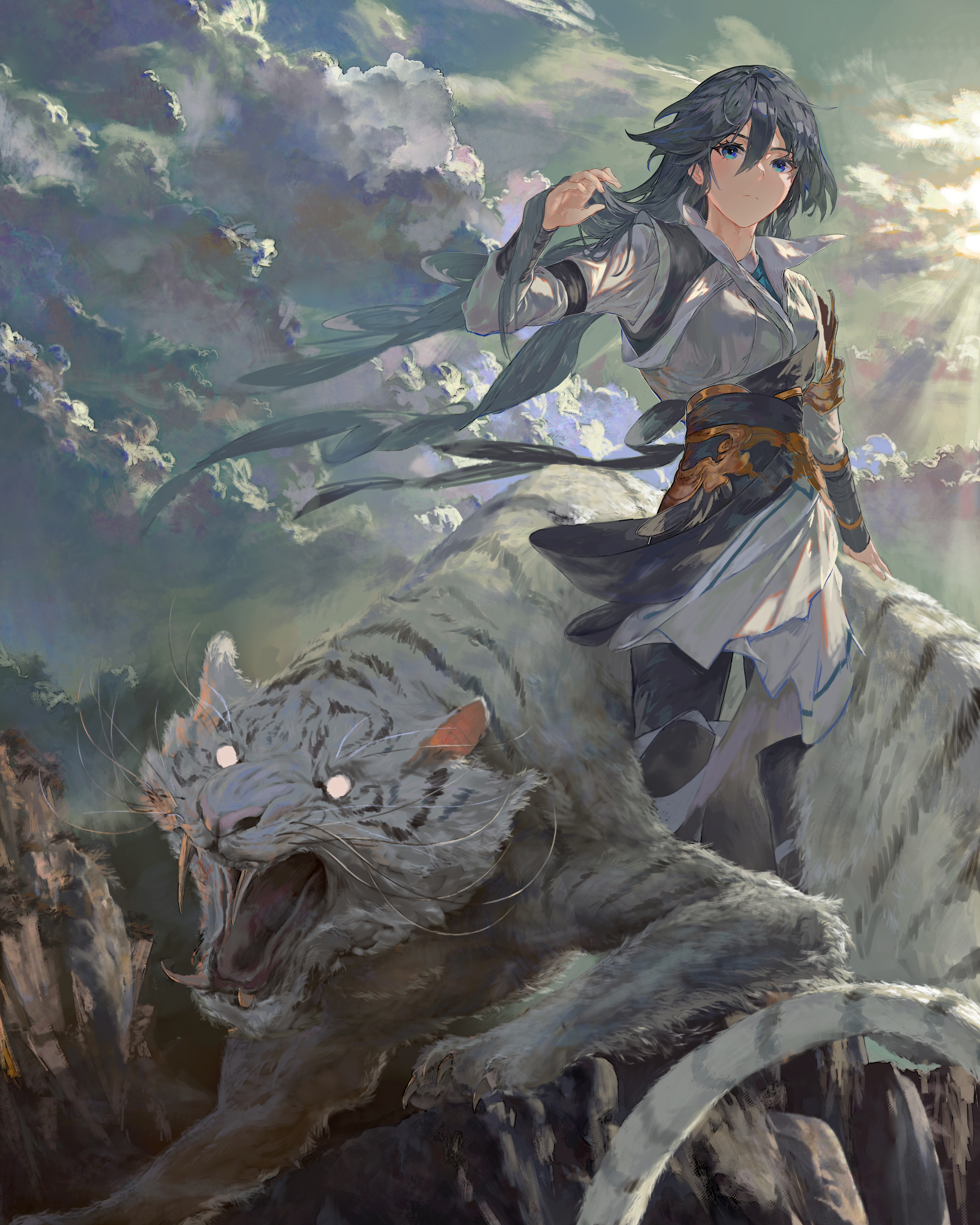 skavenprime, fu hua, honkai (series), honkai impact 3rd, absurdres, commentary request, highres, 1girl, animal, black hair, blue eyes, blue sky, chinese clothes, closed mouth, cloud, cloudy sky, grey sky, long hair, long sleeves, looking at viewer, outdoors, shirt, sky, solo, tiger, white shirt, white tiger