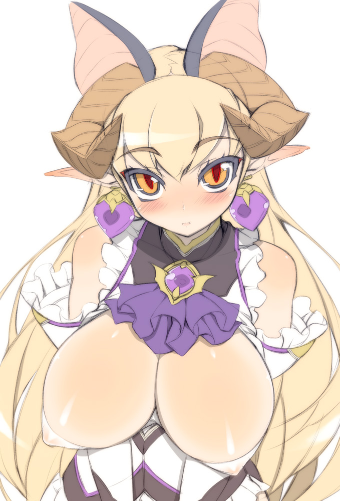 mel/a, morrigan (bahamut), morrigan (shingeki no bahamut), bahamut (game), shingeki no bahamut, bad id, bad pixiv id, 10s, 1girl, animal ears, blonde hair, blush, breasts, cleavage, covered erect nipples, elbow gloves, female focus, gloves, horns, huge breasts, long hair, pointy ears, sketch, slit pupils, solo, yellow eyes