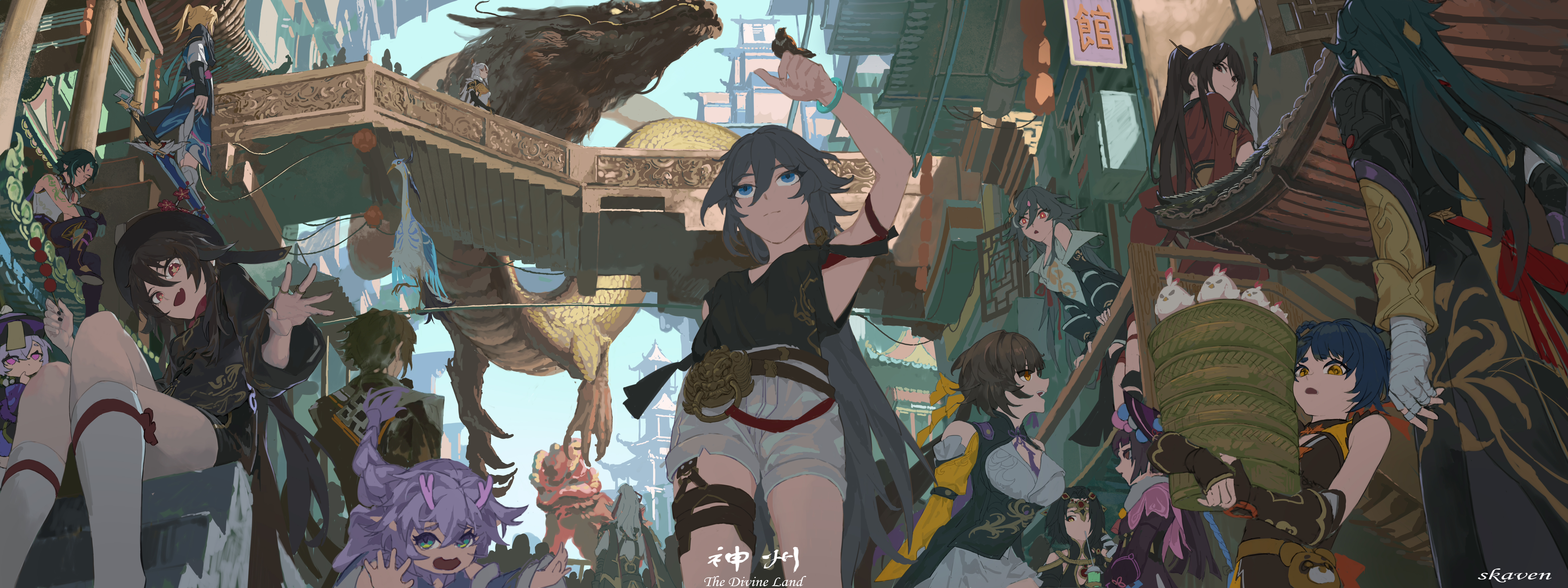 skavenprime, bailu (honkai: star rail), blade (honkai: star rail), cloud retainer (genshin impact), dark jixuanyuan, fu hua, fu hua (night squire), fu hua (rustic noir), herrscher of sentience, hu tao (genshin impact), jing yuan, jingwei (bird), jixuanyuan, lier (honkai impact), ningguang (genshin impact), qiqi (genshin impact), sushang (honkai: star rail), xiangling (genshin impact), xianyun (genshin impact), xiao (genshin impact), yanqing (honkai: star rail), yun jin (genshin impact), zhongli (genshin impact), genshin impact, honkai: star rail, honkai (series), honkai impact 3rd, mihoyo, absurdres, highres, 4boys, 6+girls, against railing, arm tattoo, bandaged arm, bandaged hand, bandages, belt, black coat, black hair, black hat, black shirt, blonde hair, blue eyes, blue hair, blue shirt, blue skirt, bow, bracelet, braid, breasts, brown belt, brown coat, brown hair, chinese clothes, closed eyes, clothing cutout, coat, company connection, crossed legs, dragon girl, dragon horns, eastern dragon horns, flower-shaped pupils, food, from below, green hair, grey hair, hair bow, hair ornament, hand up, hat, holding, holding food, horns, in-franchise crossover, jewelry, jiangshi, large breasts, long hair, looking at viewer, low-braided long hair, low-tied long hair, medium breasts, multiple boys, multiple girls, pants, ponytail, purple eyes, purple hair, purple hat, purple horns, purple pants, railing, red eyes, shirt, shorts, shoulder cutout, sitting, skirt, standing on sword, symbol-shaped pupils, tattoo, very long hair, waving, white hair, white pants, white shirt, white shorts, white skirt, yellow bow, yellow eyes, yellow pupils, yellow sleeves