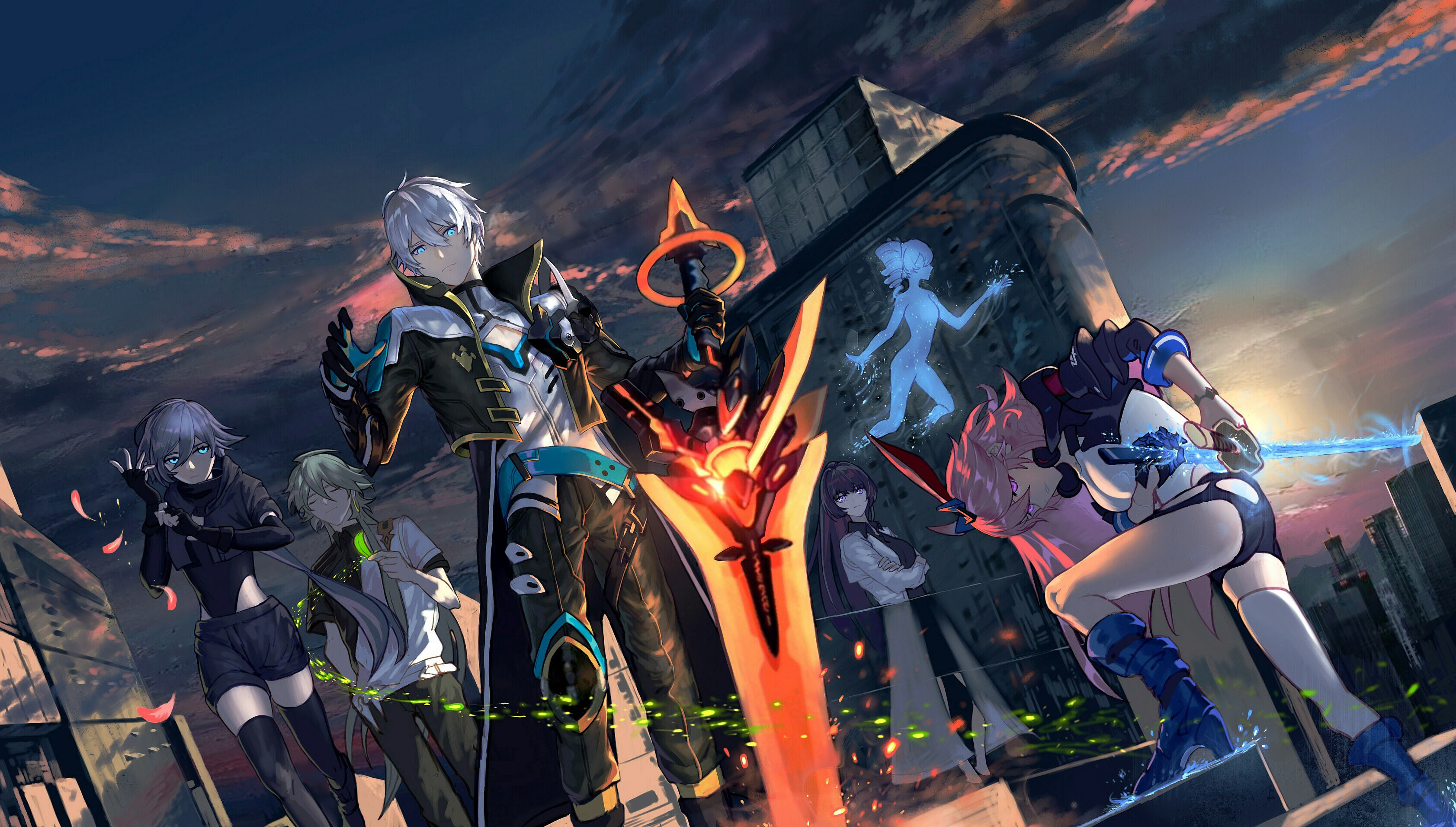 skavenprime, fu hua, fu hua (shadow knight), kevin kaslana, mei (honkai impact), prometheus (honkai impact), su (honkai impact), yae sakura, yae sakura (goushinnso memento), honkai (series), honkai impact 3rd, absurdres, highres, 2boys, 3girls, animal ears, black bodysuit, black boots, black coat, black gloves, black jacket, black pants, black shorts, black thighhighs, blue boots, blue eyes, blue gloves, blue hair, bodysuit, boots, city, cleavage cutout, closed eyes, clothing cutout, cloud, cloudy sky, coat, crossover, elbow gloves, fingerless gloves, fox ears, gloves, green hair, grey hair, hair between eyes, hand up, hands up, holding, holding sword, holding weapon, hologram, jacket, katana, lab coat, long hair, long sleeves, looking at viewer, looking down, low ponytail, multiple boys, multiple girls, official alternate costume, open clothes, open jacket, outdoors, pants, pink hair, ponytail, purple eyes, purple hair, shirt, short hair, short sleeves, shorts, single glove, single thighhigh, sky, sleeves rolled up, standing, sunset, sword, thighhighs, weapon, white hair, white shirt