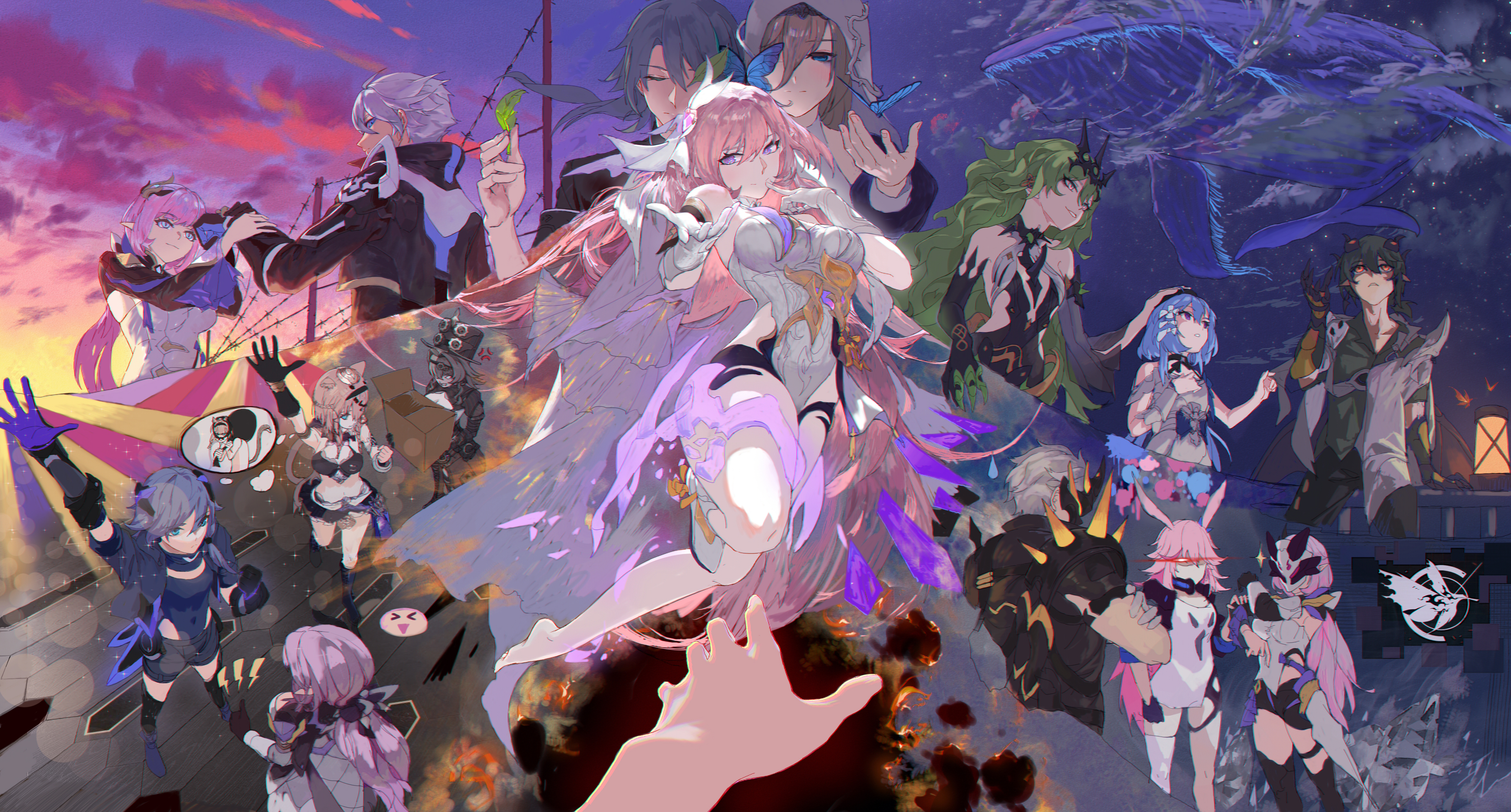 skavenprime, aponia, elysia (herrscher of human: ego) (honkai impact), elysia (honkai impact), elysia (miss pink elf) (honkai impact), fu hua, fu hua (shadow knight), griseo, griseo (starry impression), kalpas (honkai impact), kevin kaslana, kosma, mobius (honkai impact), pardofelis, su (honkai impact), vill-v, yae sakura, yae sakura (goushinnso memento), honkai (series), honkai impact 3rd, absurdres, highres, 1other, 4boys, 6+girls, ahoge, anger vein, animal ears, bare shoulders, beret, black coat, black gloves, black hair, black jacket, black leotard, blue eyes, blue hair, box, brown gloves, brown hair, brown jacket, cat ears, cat girl, cat tail, closed eyes, closed mouth, cloud, cloudy sky, coat, crown, dress, earrings, elbow gloves, elf, fox ears, full body, gloves, green hair, green shirt, grey jacket, hair ornament, hat, headband, holding, holding box, holding hands, horns, jacket, jewelry, leotard, long hair, long sleeves, looking at viewer, mask, multiple boys, multiple girls, multiple views, nun, nun headdress, orange eyes, outdoors, outstretched arm, parody, pink hair, pointy ears, ponytail, pov, shirt, short hair, single earring, single glove, single thighhigh, sky, standing, sunset, tail, thighhighs, thirteen flame-chasers (honkai impact), top hat, twintails, veil, wavy hair, white dress, white hair, white thighhighs