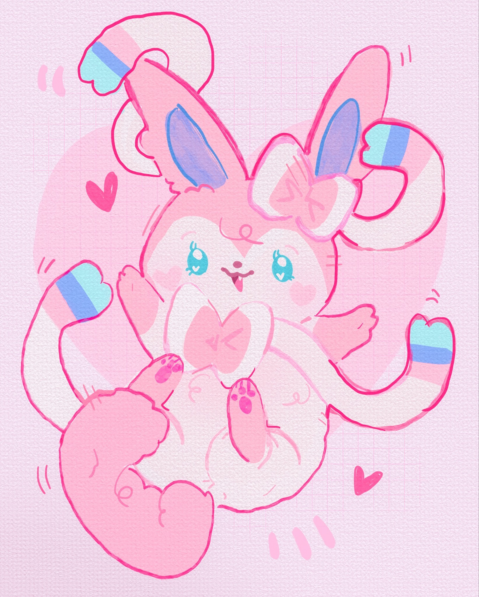 strawbunnycakes, sylveon, nintendo, pokemon, commentary, english commentary, highres, procreate (medium), animal focus, blue eyes, blush stickers, fang, gen 6 pokemon, heart, no humans, open mouth, pawpads, pink theme, pokemon (creature), pokemon focus, smile, solo