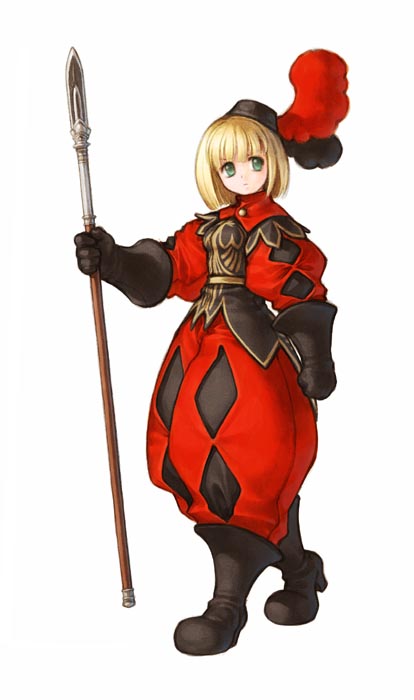 kita senri, original, 1girl, black boots, black gloves, black hat, black shirt, blonde hair, blunt bangs, boots, closed mouth, full body, gloves, green eyes, hat, holding, holding polearm, holding weapon, looking to the side, pants, plume, polearm, puffy pants, puffy sleeves, red pants, red shirt, shirt, short hair, simple background, solo, spear, standing, weapon, white background