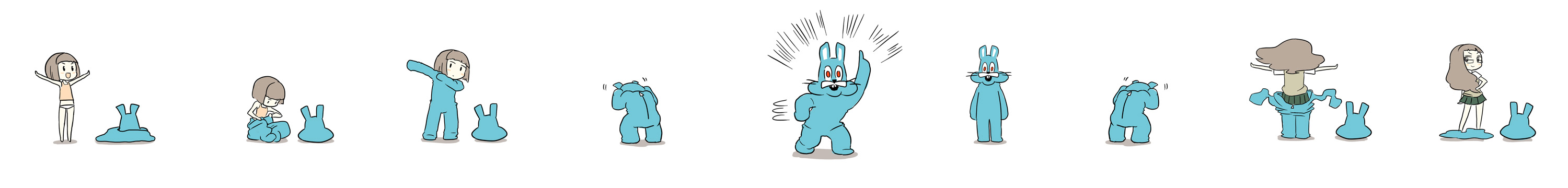 ken (koala), costume, highres, long image, wide image, animal ears, blush stickers, brown hair, dressing, glasses, long hair, looking back, panties, rabbit, rabbit ears, red eyes, school uniform, short hair, skirt, tank top, underwear, undressing