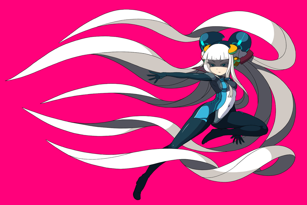 ken (koala), electro emilia, original, 1girl, absurdly long hair, arched back, blue eyes, bodysuit, female focus, fingernails over gloves, full body, hime cut, latex, long hair, looking back, neon trim, pantyhose, solo, very long hair, white hair