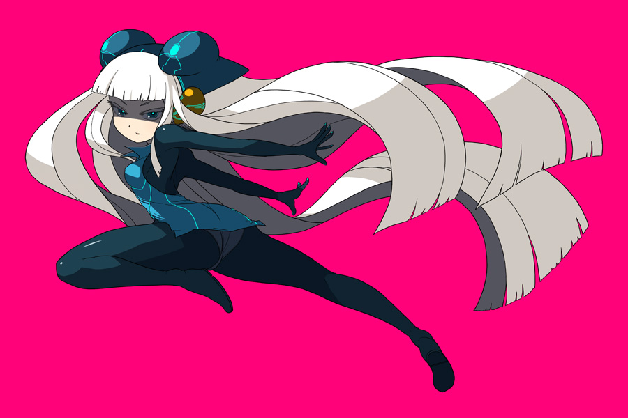 ken (koala), electro emilia, original, 1girl, ass, blue eyes, bodysuit, female focus, fingernails over gloves, hime cut, latex, long hair, looking back, neon trim, panties, panties over pantyhose, pantyhose, solo, underwear, very long hair, white hair