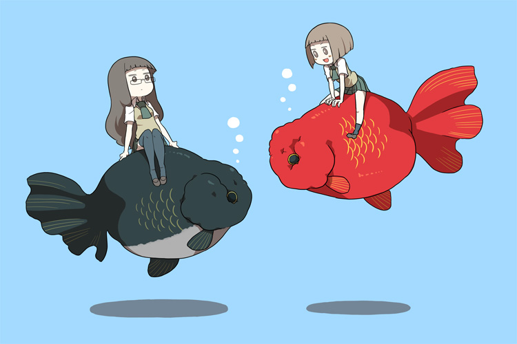 ken (koala), brown eyes, brown hair, fish, glasses, long hair, open mouth, school uniform, short hair, thighhighs