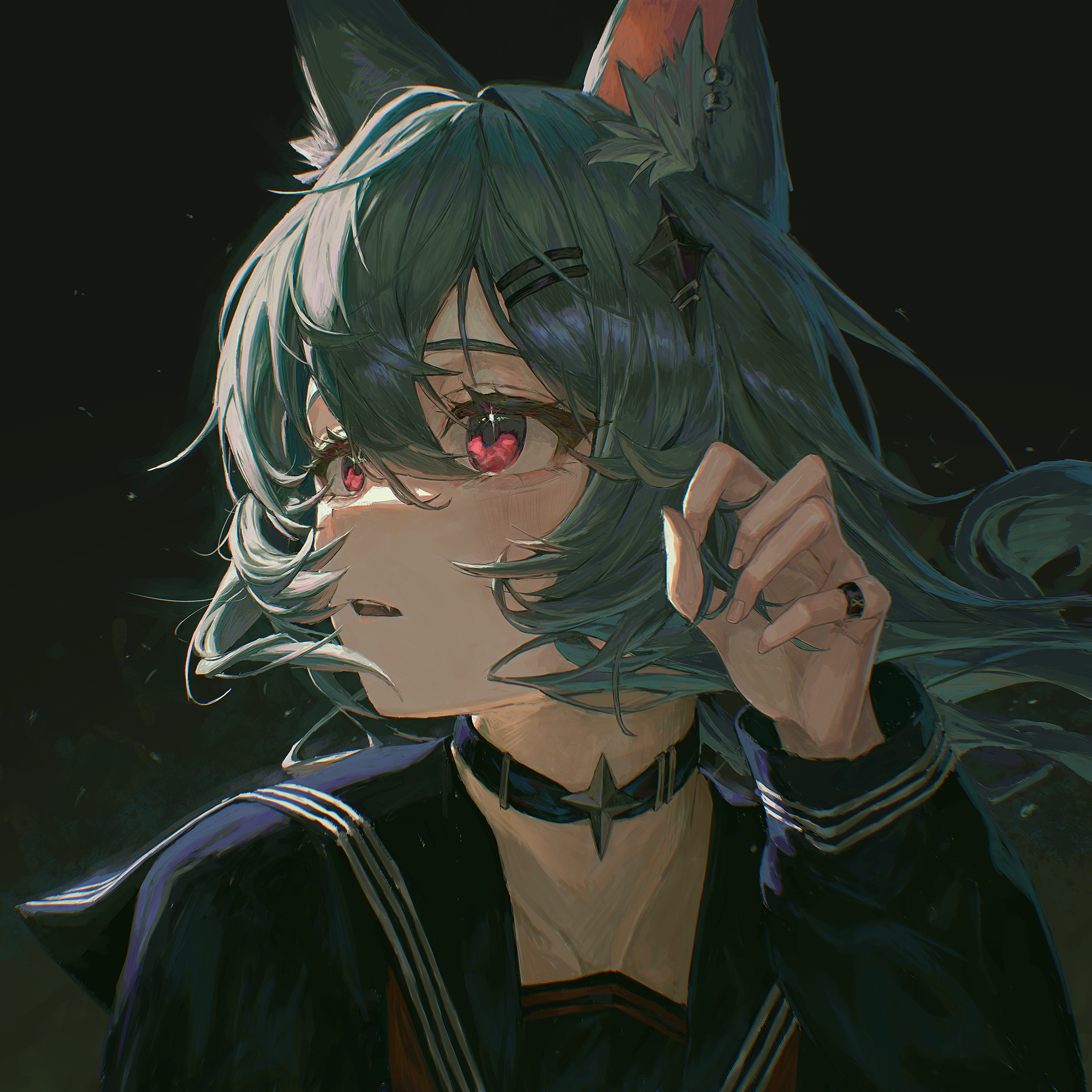 original, absurdres, commentary request, highres, 1girl, animal ear fluff, animal ears, backlighting, black choker, cat ears, cat girl, choker, dark background, drawer bushi huajia, earrings, fang, grey hair, hair between eyes, hair ornament, hairclip, hand up, jewelry, long hair, looking to the side, parallel hairclips, parted lips, portrait, red eyes, ring, school uniform, serafuku, star (symbol), star choker
