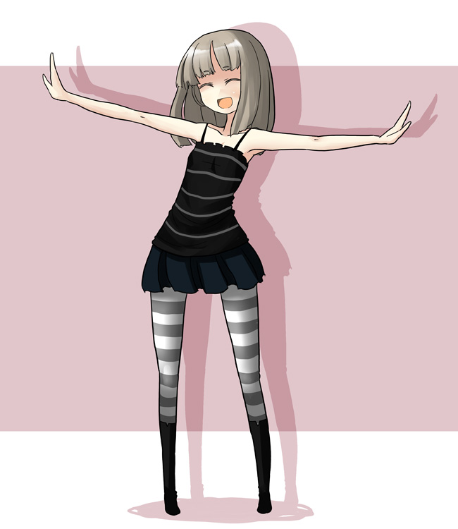 ken (koala), original, black footwear, 1girl, black skirt, boots, camisole, female focus, grey hair, grey pantyhose, hime cut, knee boots, open mouth, pantyhose, patterned legwear, shoes, short hair, skirt, solo, standing, striped clothes, striped pantyhose, two-tone stripes