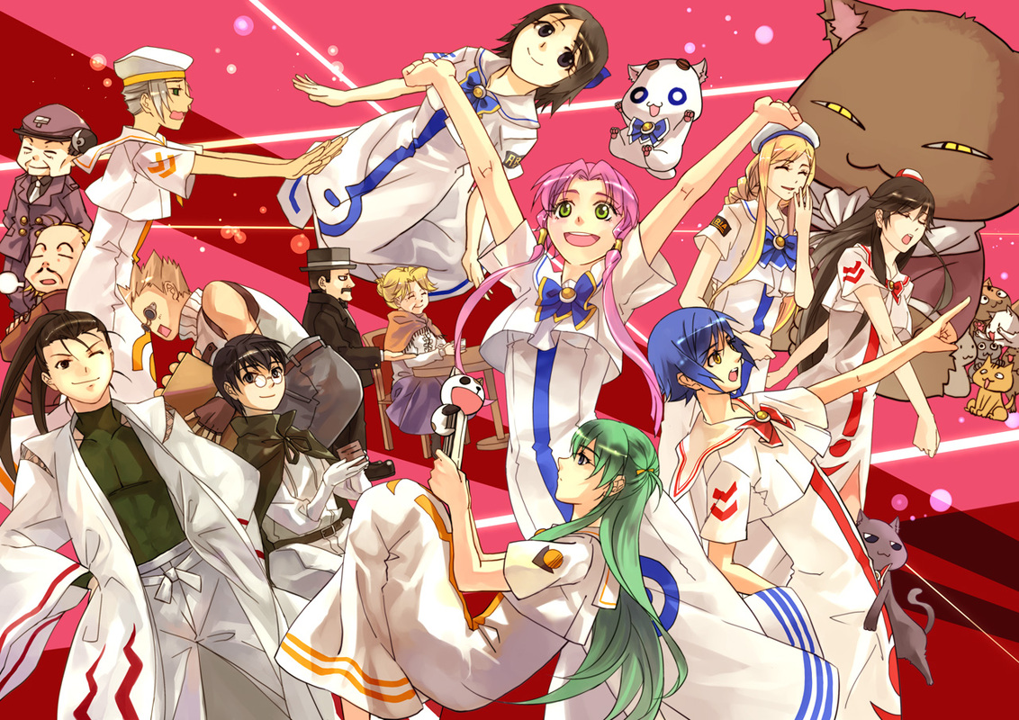yoeah, aika granzchesta, aino ai, akira ferrari, albert pitt, alice carroll, alicia florence, ametsuchi akino, anno namihei, antonio corleone, aria pokoteng, ayanokouji udo li, cait sith (aria), hime granzchesta, izumo akatsuki, izumo arata, mizunashi akari, president maa, aria (manga), 00s, 6+boys, 6+girls, arms up, black cat, blouse, caffe florian owner, cat, closed eyes, dress, everyone, glasses, hands on own hips, hat, multiple boys, multiple girls, one eye closed, shawl, shirt, sitting, smile, standing, white shirt, wink