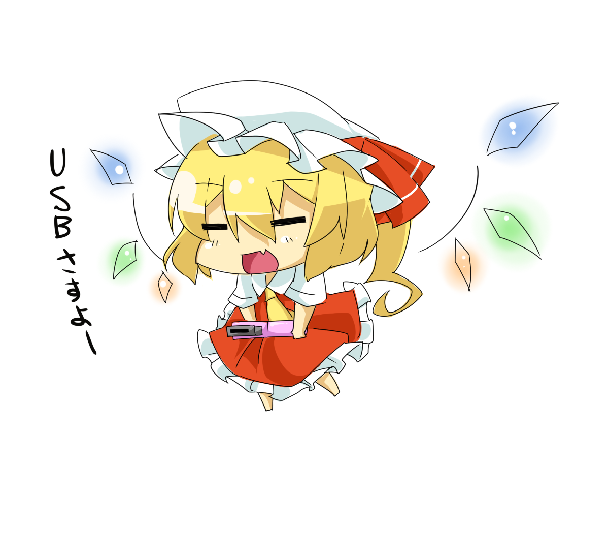 eiri (eirri), flandre scarlet, touhou, bad id, bad pixiv id, translation request, 1girl, = =, blonde hair, chibi, closed eyes, dress, fang, female focus, hat, solo, wings