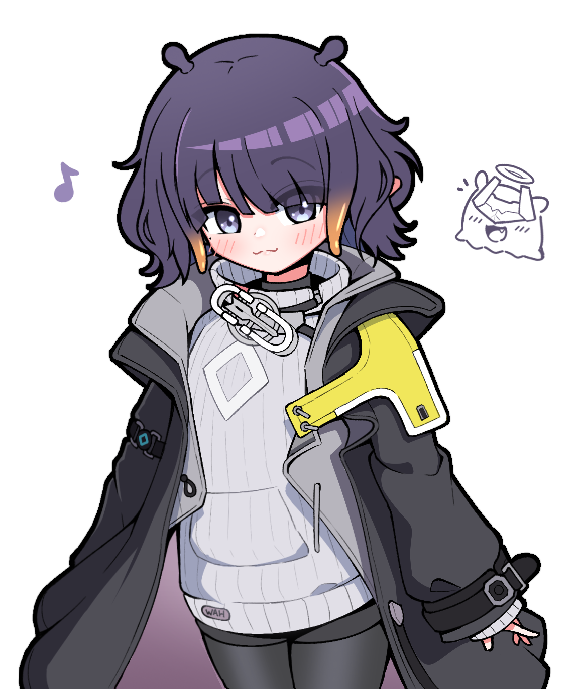 shutowl, endministrator (arknights), female endministrator (arknights), ninomae ina'nis, takodachi (ninomae ina'nis), arknights, arknights: endfield, hololive, hololive english, commentary, english commentary, highres, 1girl, :3, black coat, black eyes, black pantyhose, blush, closed mouth, coat, cosplay, eighth note, eyes visible through hair, female endministrator (arknights) (cosplay), grey sweater, looking at viewer, musical note, open clothes, open coat, pantyhose, purple hair, ribbed sweater, short hair, simple background, sleeves past wrists, smile, solo, split mouth, sweater, virtual youtuber, white background