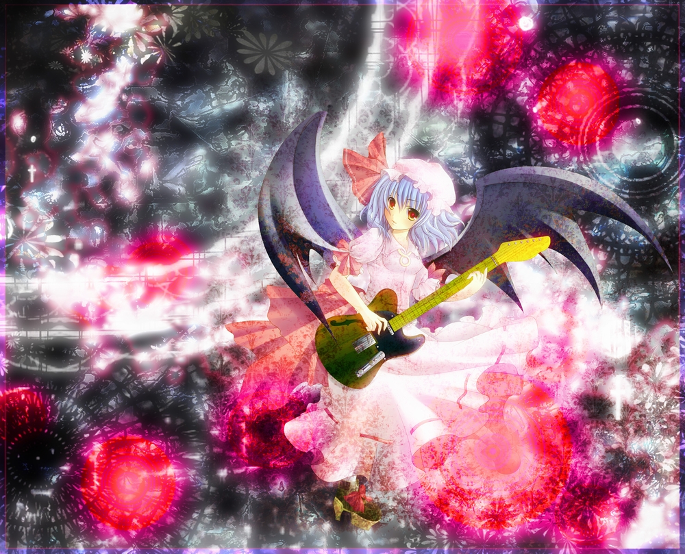 maryquant, remilia scarlet, touhou, bad id, bad pixiv id, 1girl, bat wings, blue hair, female focus, hat, instrument, red eyes, short hair, solo, wings