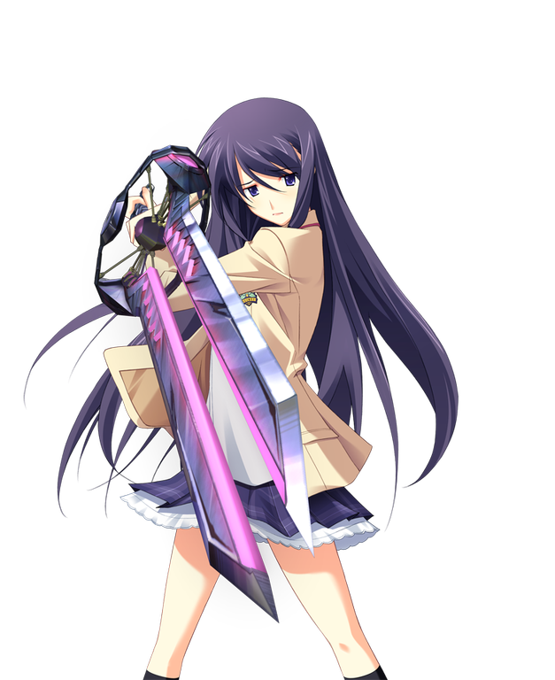 matsuo yukihiro, aoi sena, chaos;head, science adventure, game cg, non-web source, official art, 1girl, aiming, aiming at viewer, bare legs, black socks, blazer, breasts, brown jacket, d-sword, dress shirt, holding, holding sword, holding weapon, huge weapon, jacket, kneehighs, long hair, miniskirt, narrowed eyes, open clothes, open jacket, plaid clothes, plaid skirt, pleated skirt, purple eyes, purple hair, purple skirt, red trim, sad, school emblem, school uniform, shirt, skirt, small breasts, socks, solo, sprite, suimei academy school uniform, sword, transparent background, very long hair, weapon, winter uniform