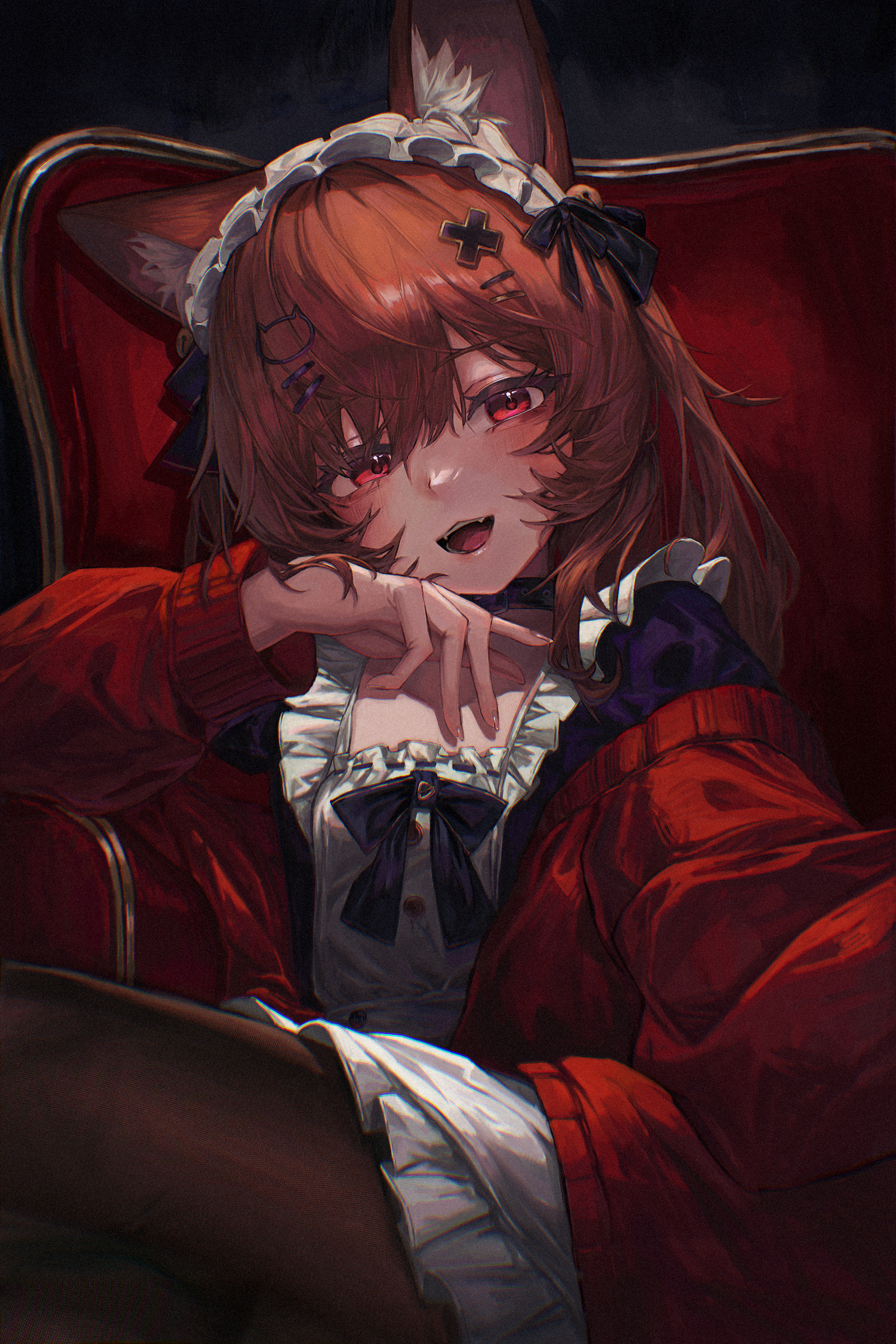 original, absurdres, commentary request, highres, 1girl, animal ear fluff, animal ears, apron, arm rest, brown hair, brown pantyhose, cat ears, cat girl, cat hair ornament, chair, cleavage cutout, clothing cutout, cross hair ornament, crossed legs, drawer bushi huajia, dress, frilled dress, frills, hair ornament, hairclip, jacket, long hair, looking at viewer, maid, maid apron, maid headdress, on chair, open mouth, pantyhose, parallel hairclips, purple dress, red eyes, red jacket, sitting, smile, solo